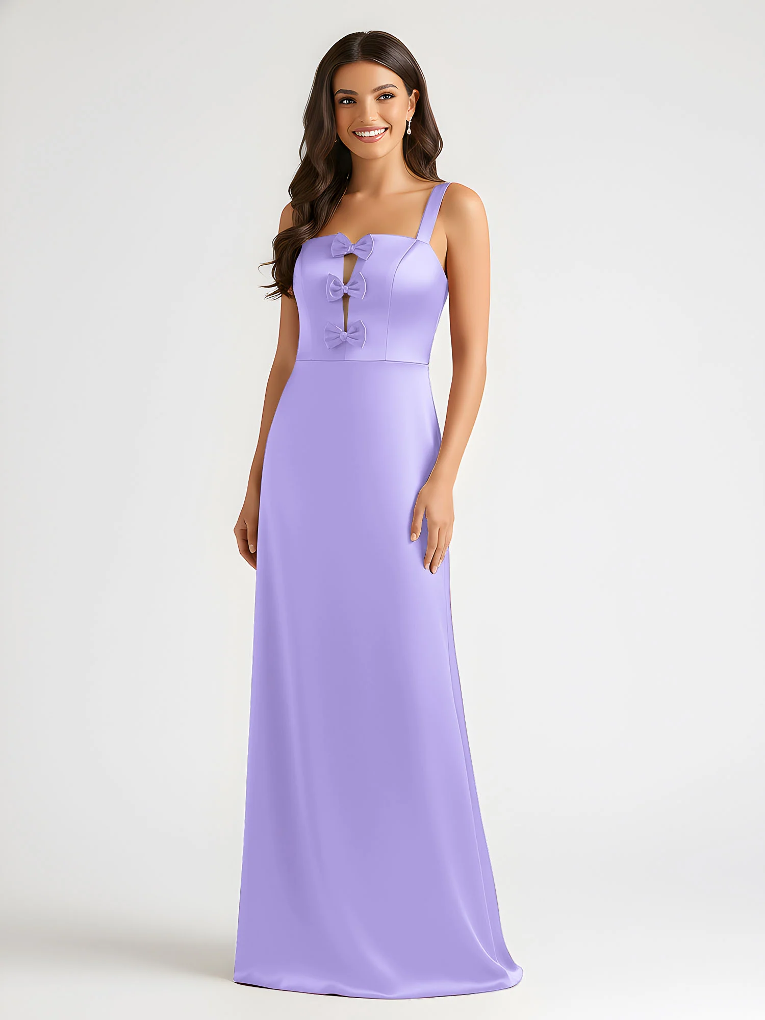 Square Neck Floor Length Open Back Bow Dresses Lilac
