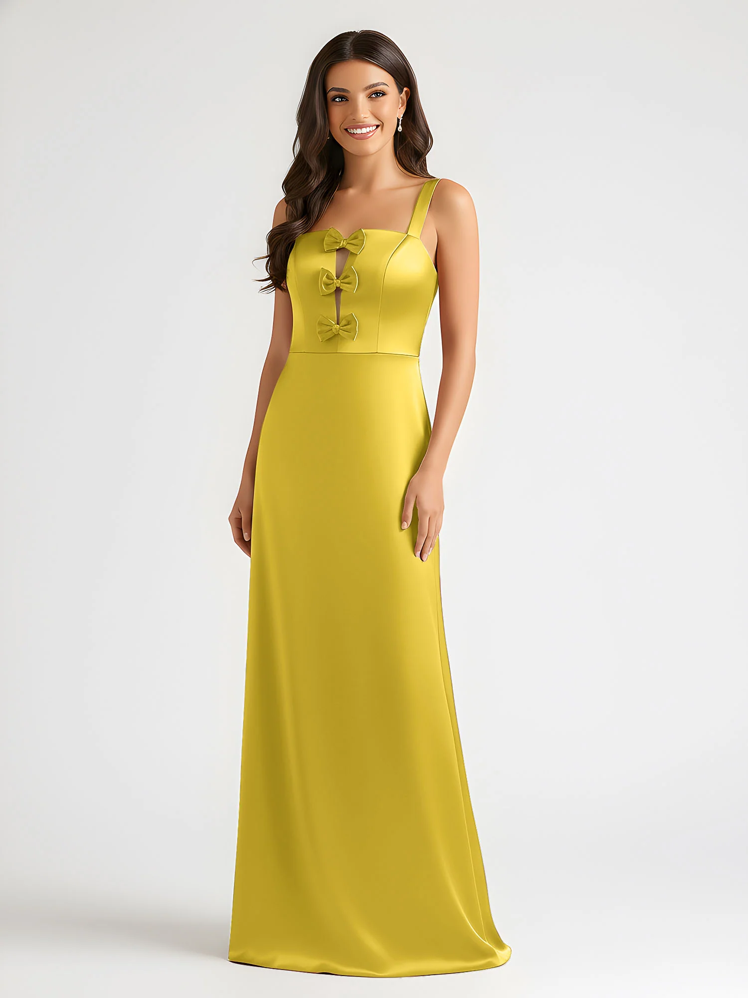 Square Neck Floor Length Open Back Bow Dresses Marigold