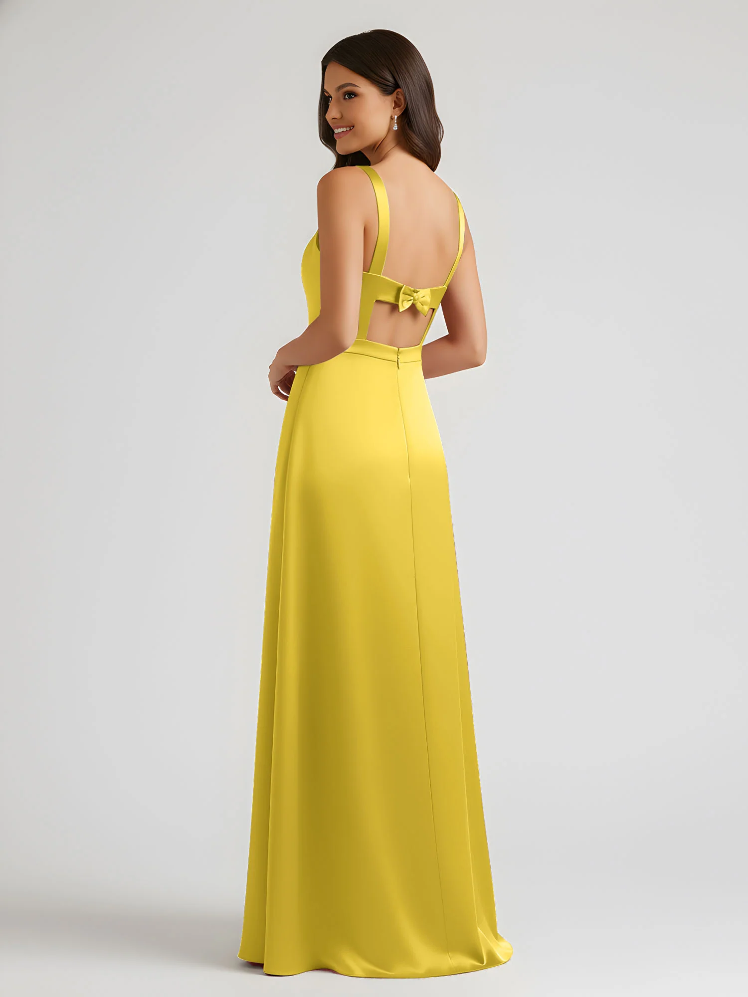 Square Neck Floor Length Open Back Bow Dresses Marigold - Image 2