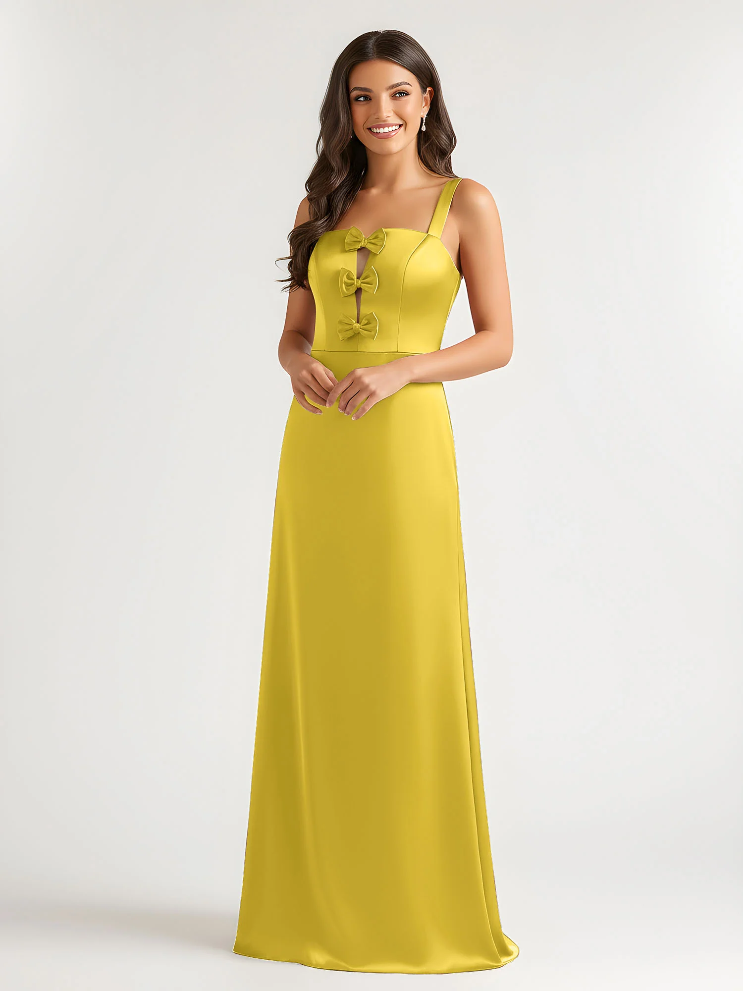 Square Neck Floor Length Open Back Bow Dresses Marigold - Image 3