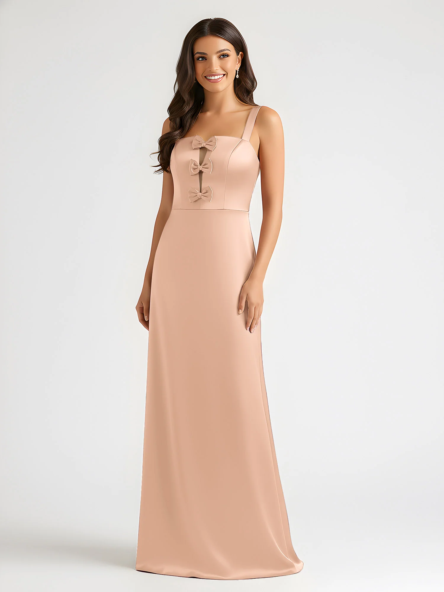 Square Neck Floor Length Open Back Bow Dresses Peach