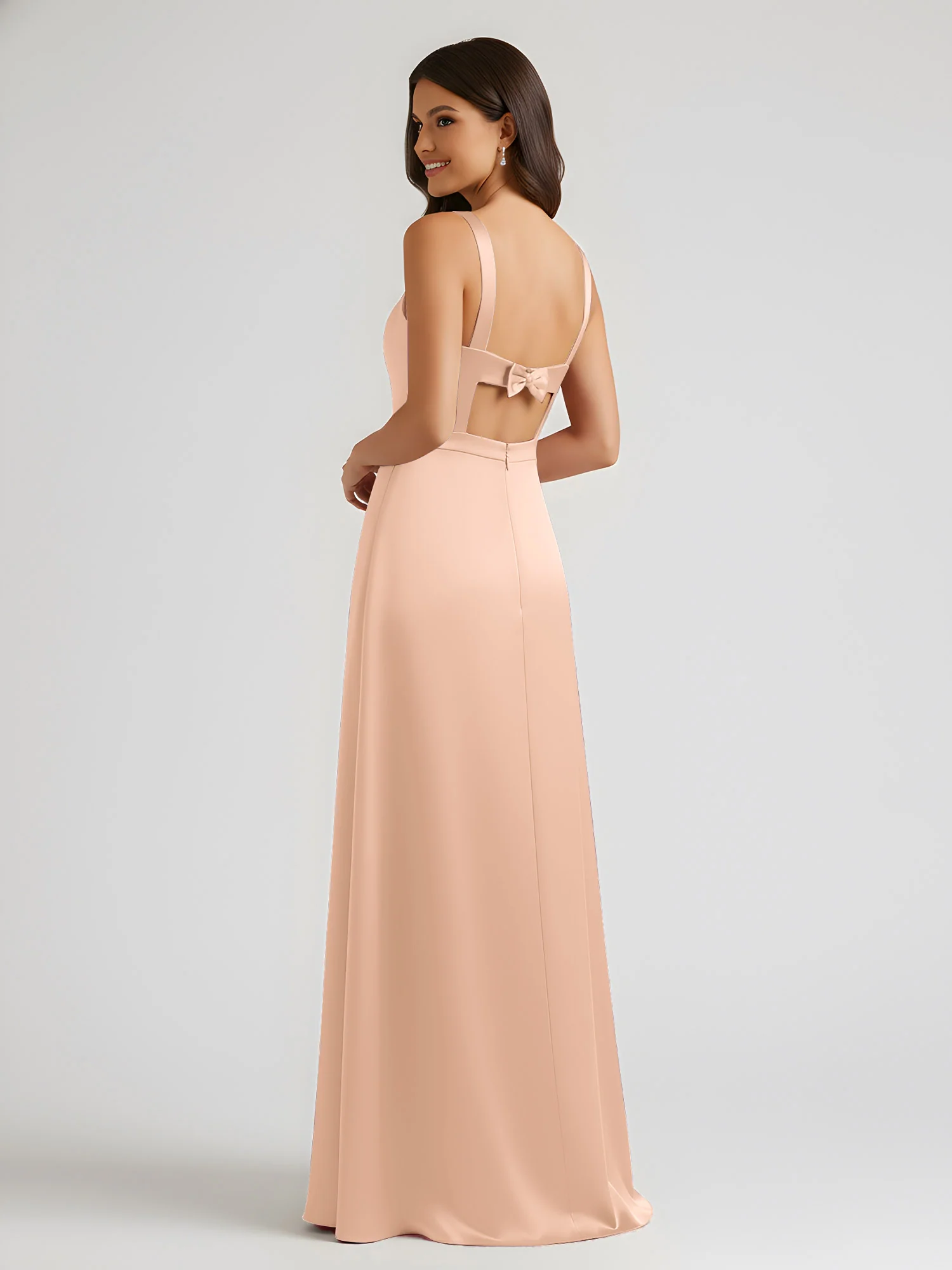 Square Neck Floor Length Open Back Bow Dresses Peach - Image 2