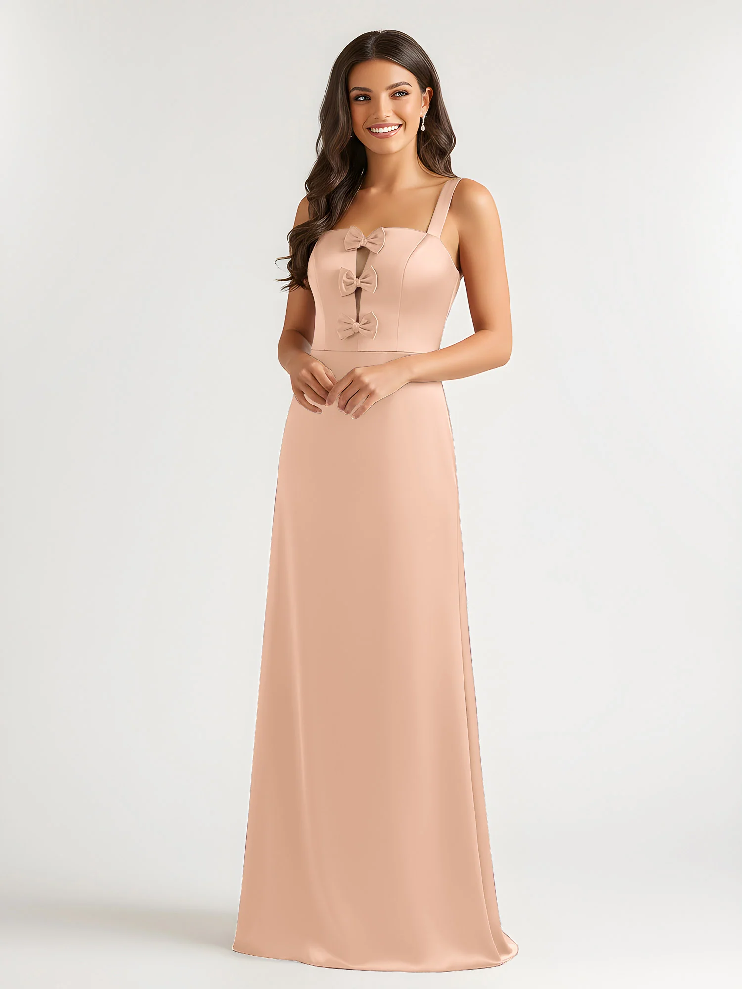 Square Neck Floor Length Open Back Bow Dresses Peach - Image 3
