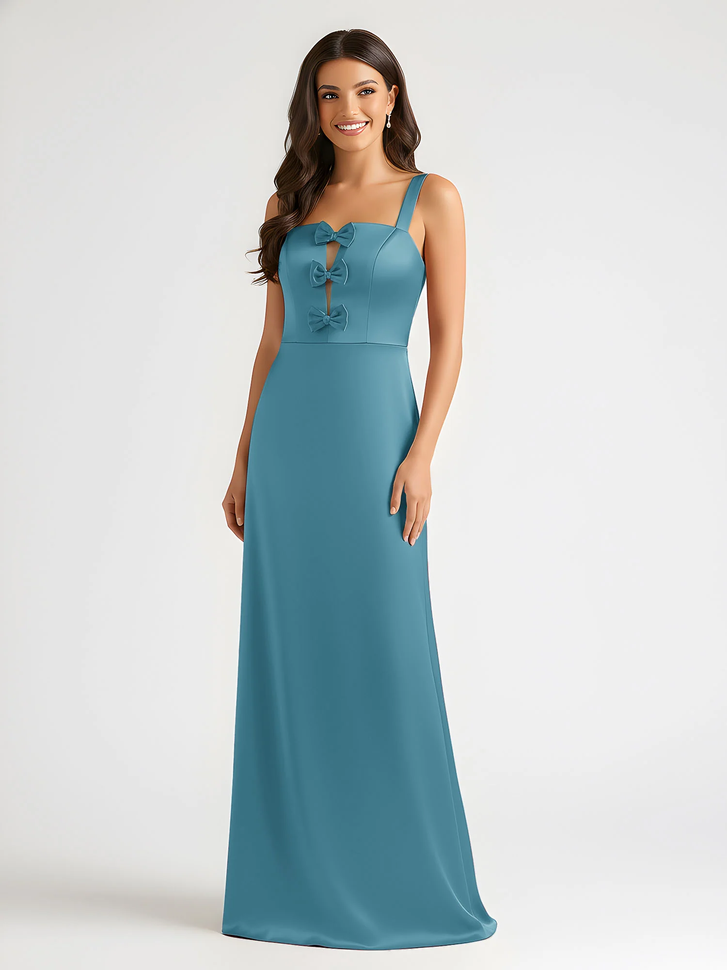 Square Neck Floor Length Open Back Bow Dresses Pool