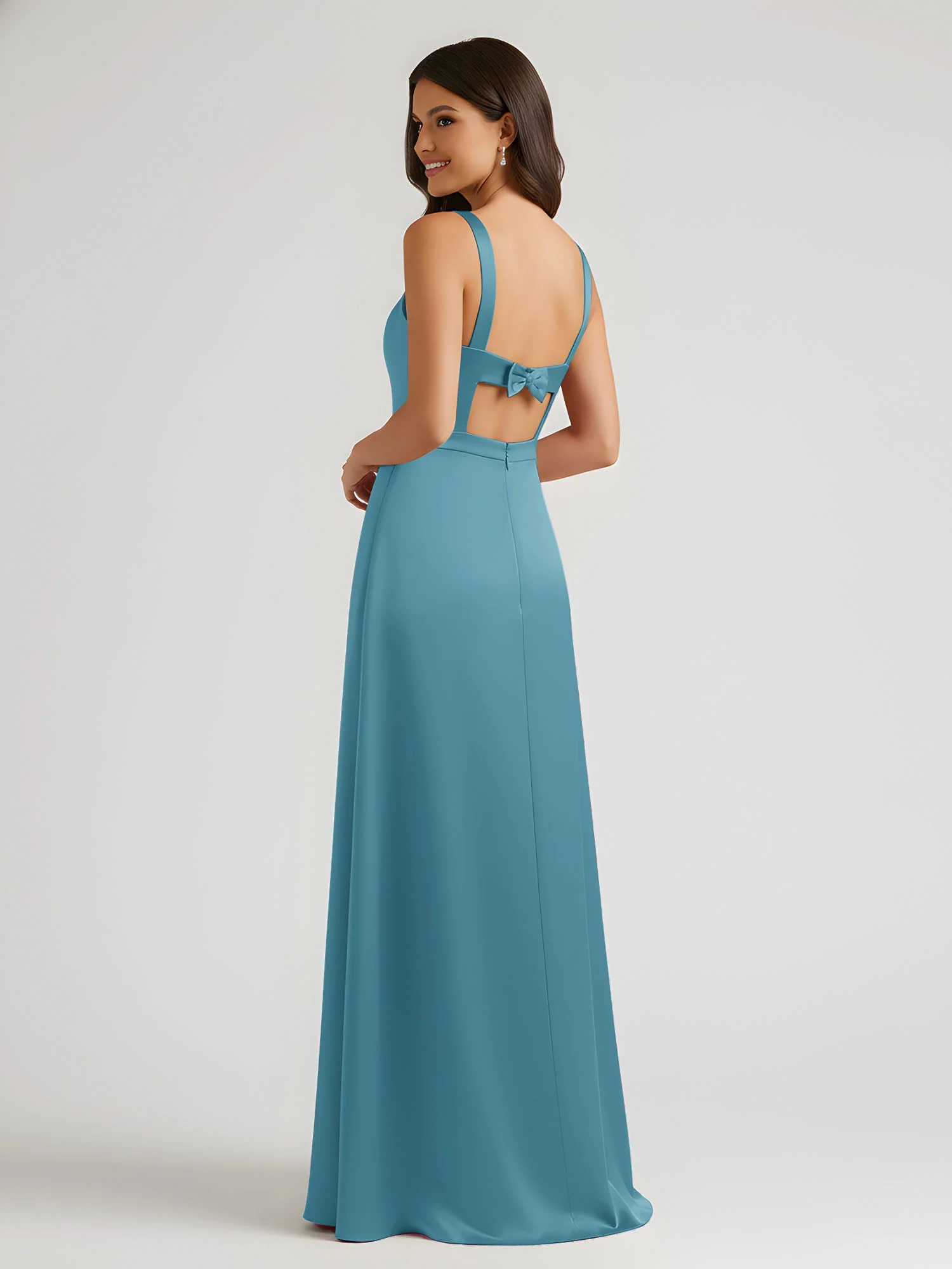 Square Neck Floor Length Open Back Bow Dresses Pool - Image 2