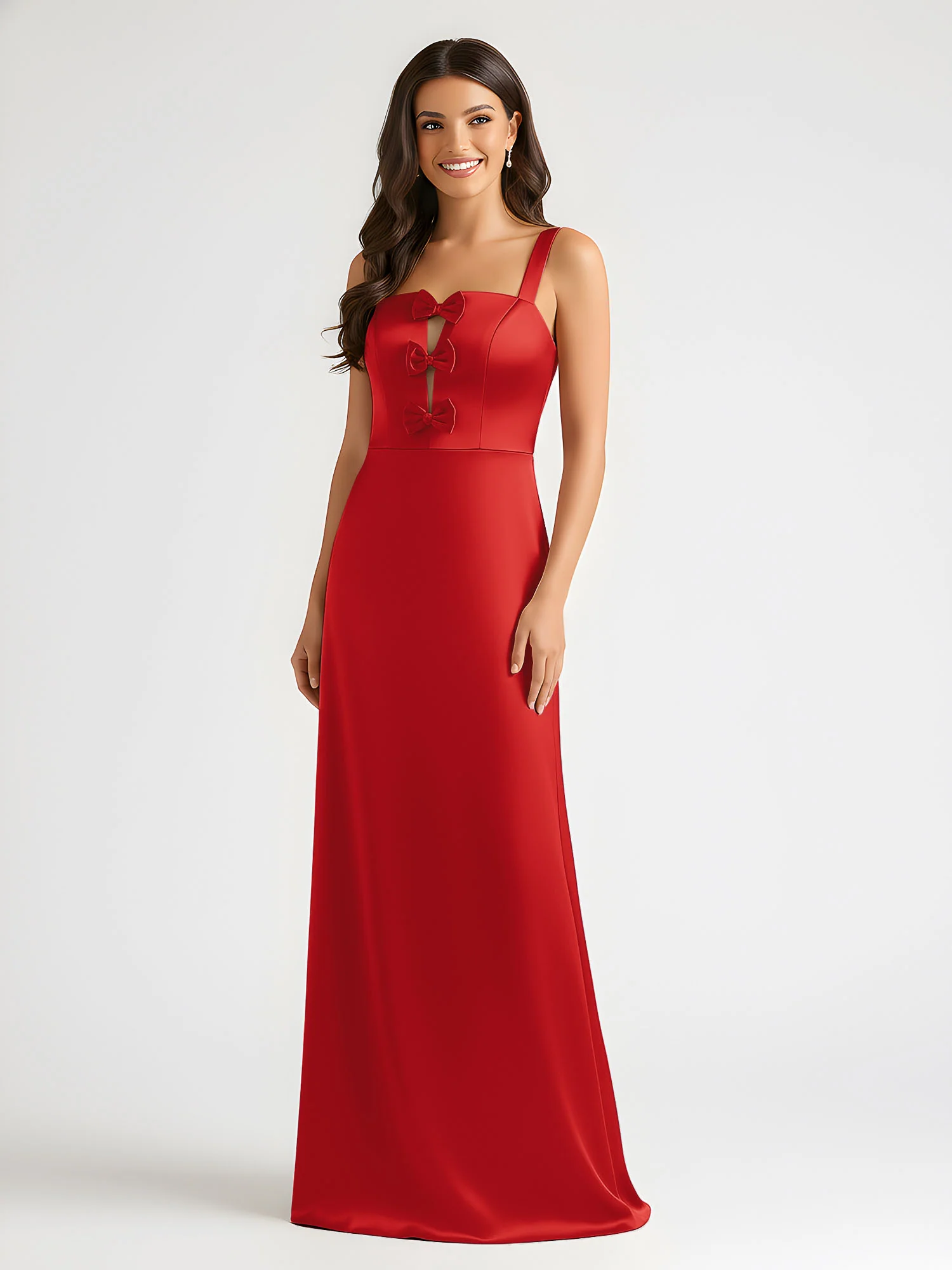 Square Neck Floor Length Open Back Bow Dresses Red