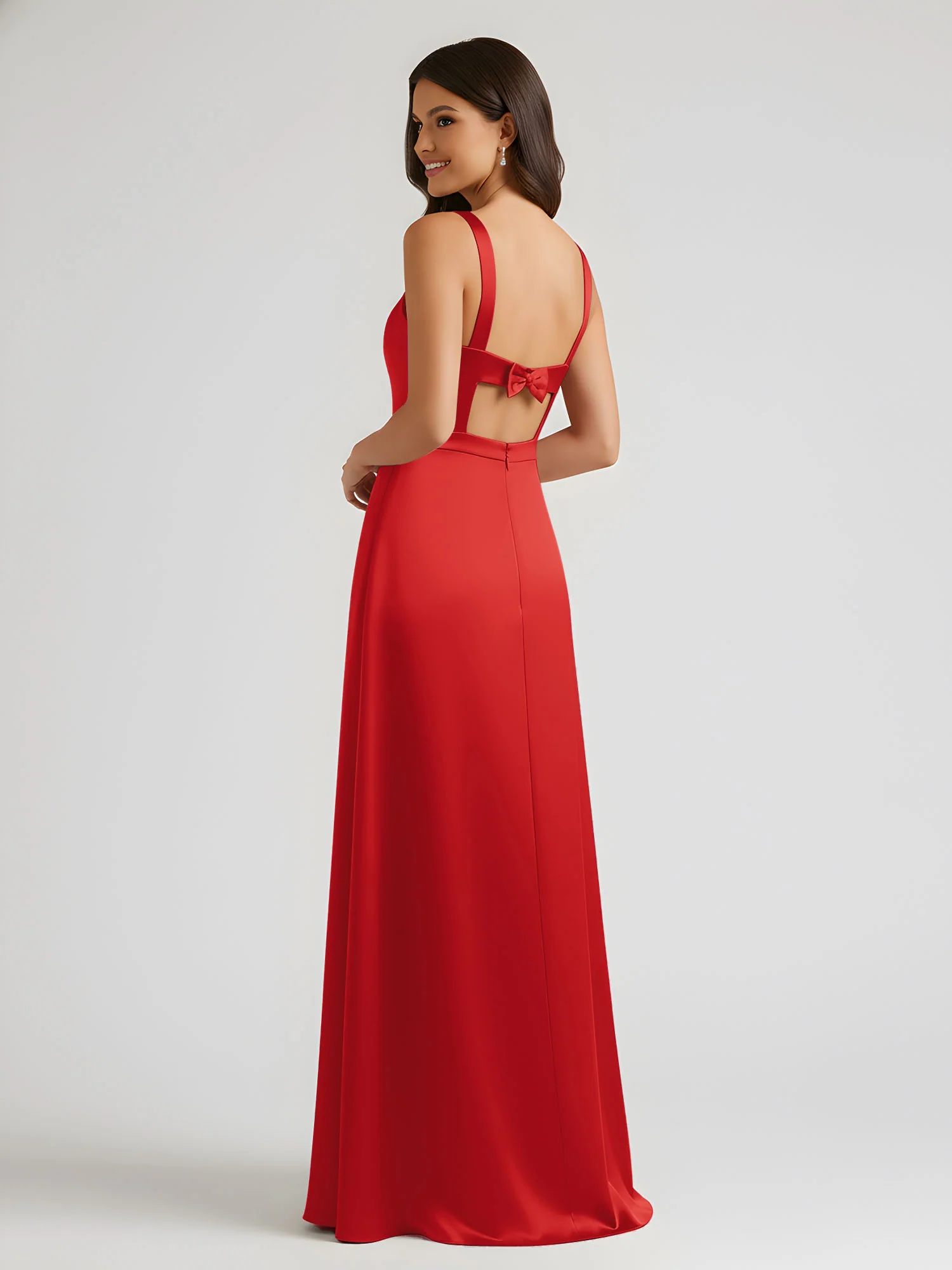 Square Neck Floor Length Open Back Bow Dresses Red - Image 2