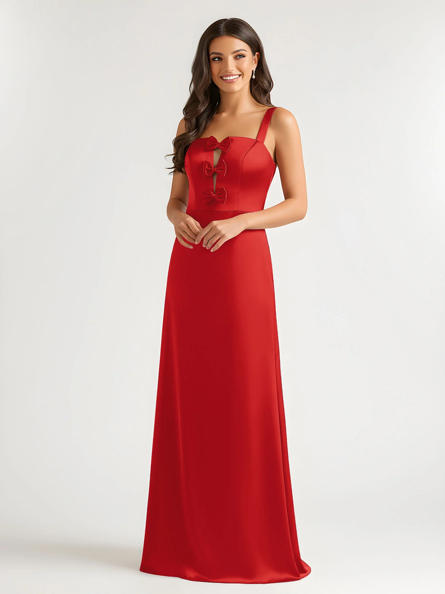 Square Neck Floor Length Open Back Bow Dresses Red - Image 3