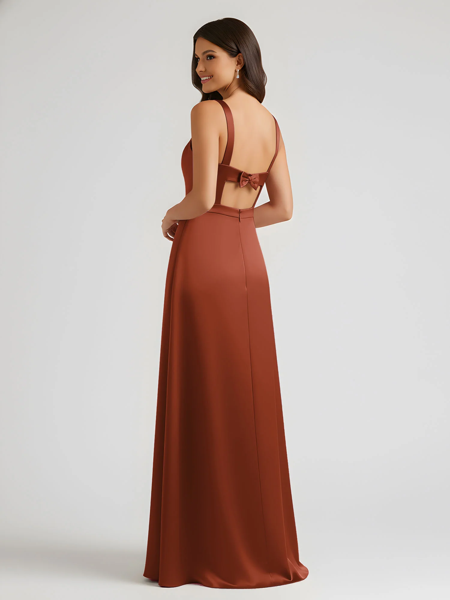 Square Neck Floor Length Open Back Bow Dresses Rust - Image 2