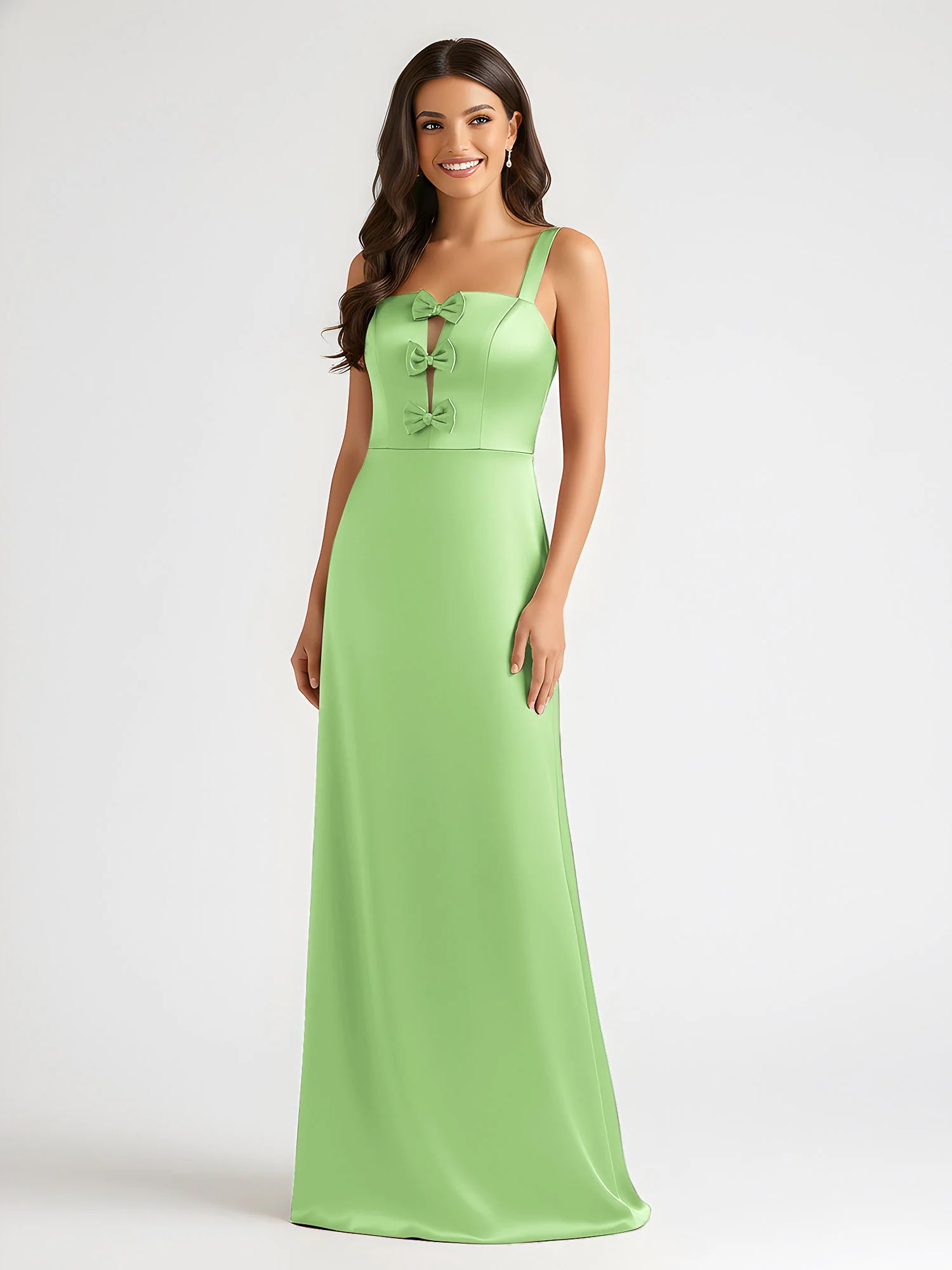Square Neck Floor Length Open Back Bow Dresses Sage