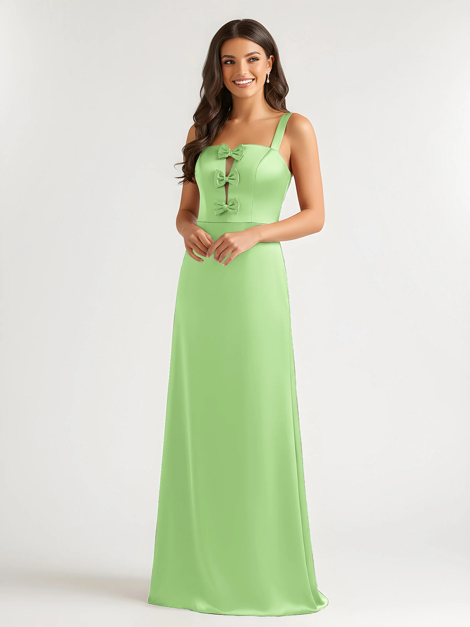 Square Neck Floor Length Open Back Bow Dresses Sage - Image 3