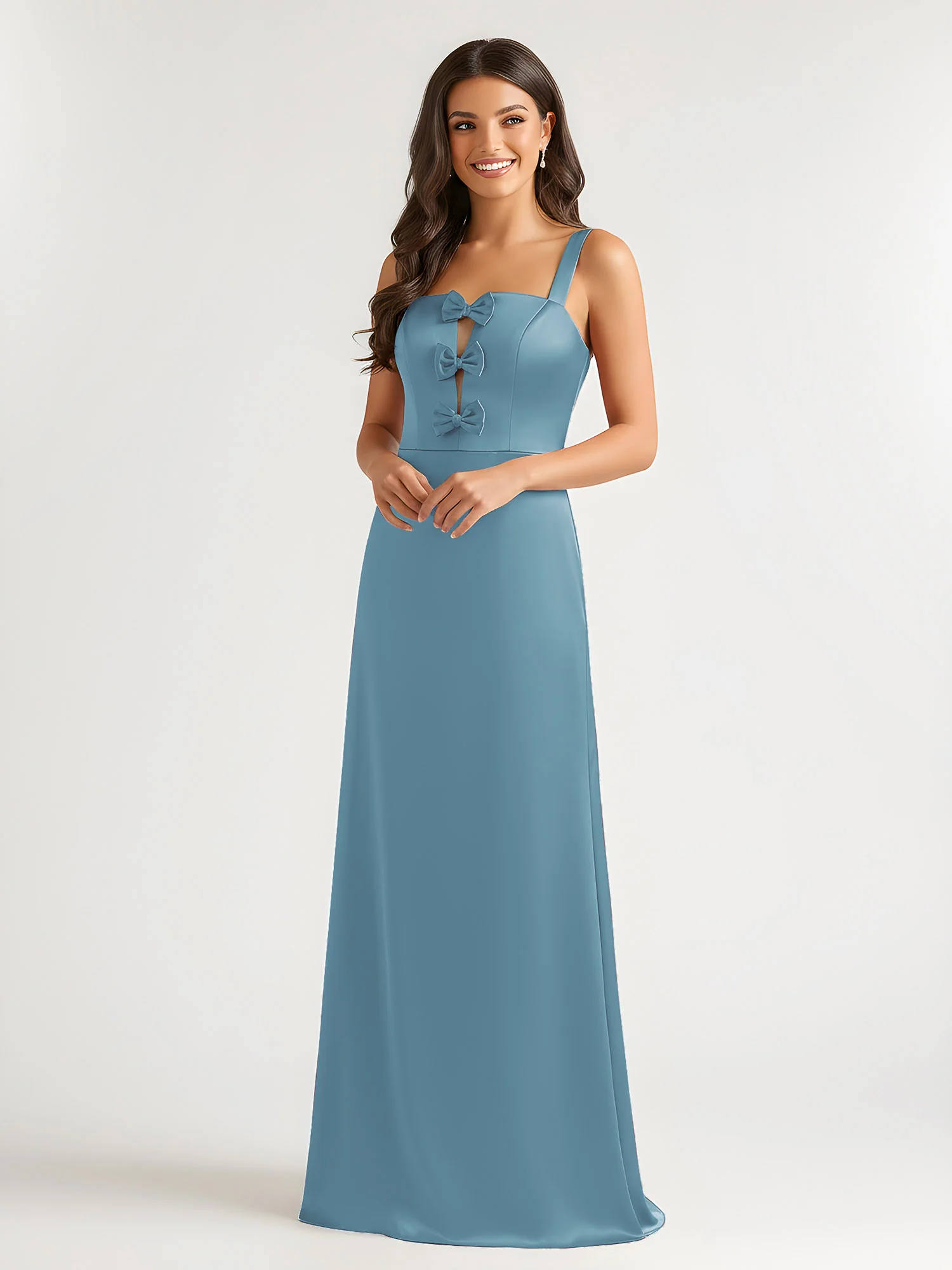 Square Neck Floor Length Open Back Bow Dresses Slate Blue - Image 3
