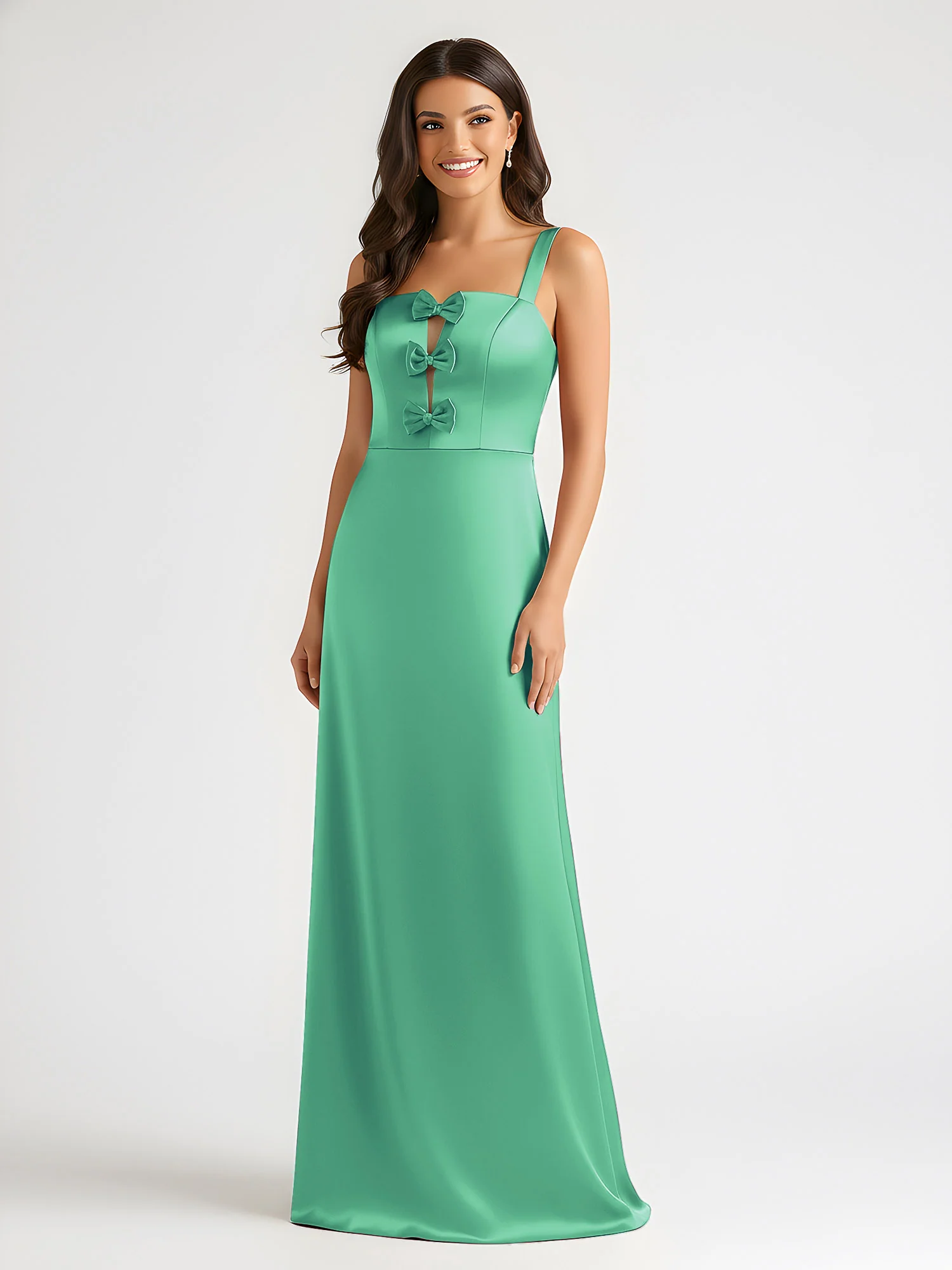 Square Neck Floor Length Open Back Bow Dresses Turquoise