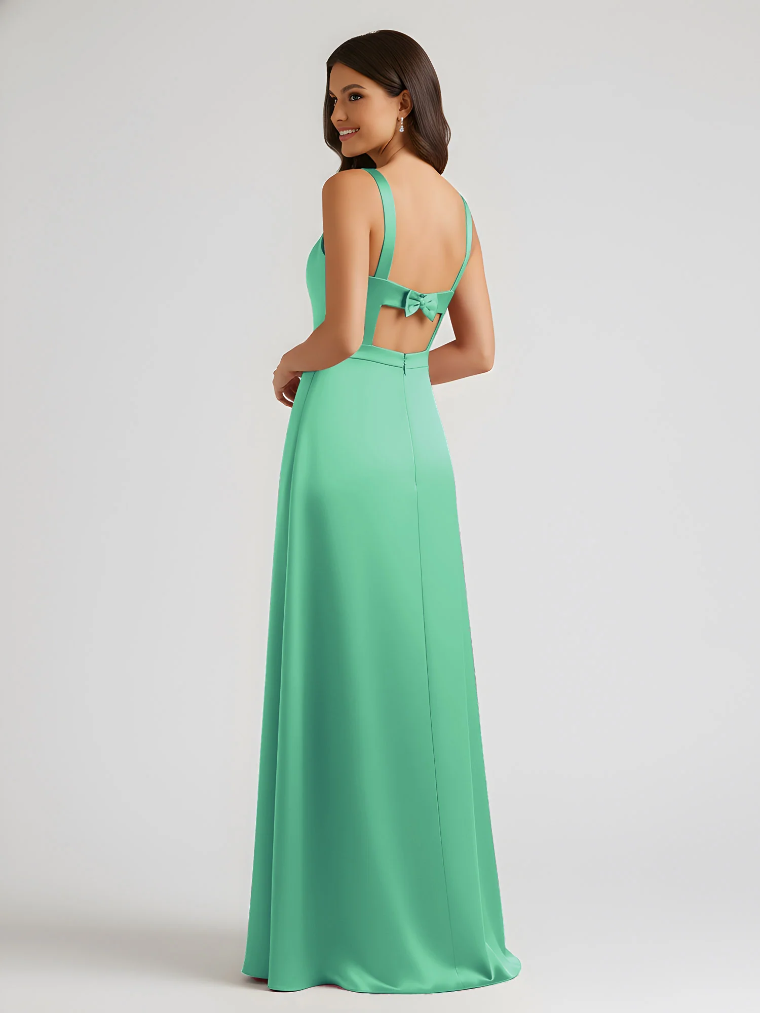 Square Neck Floor Length Open Back Bow Dresses Turquoise - Image 2