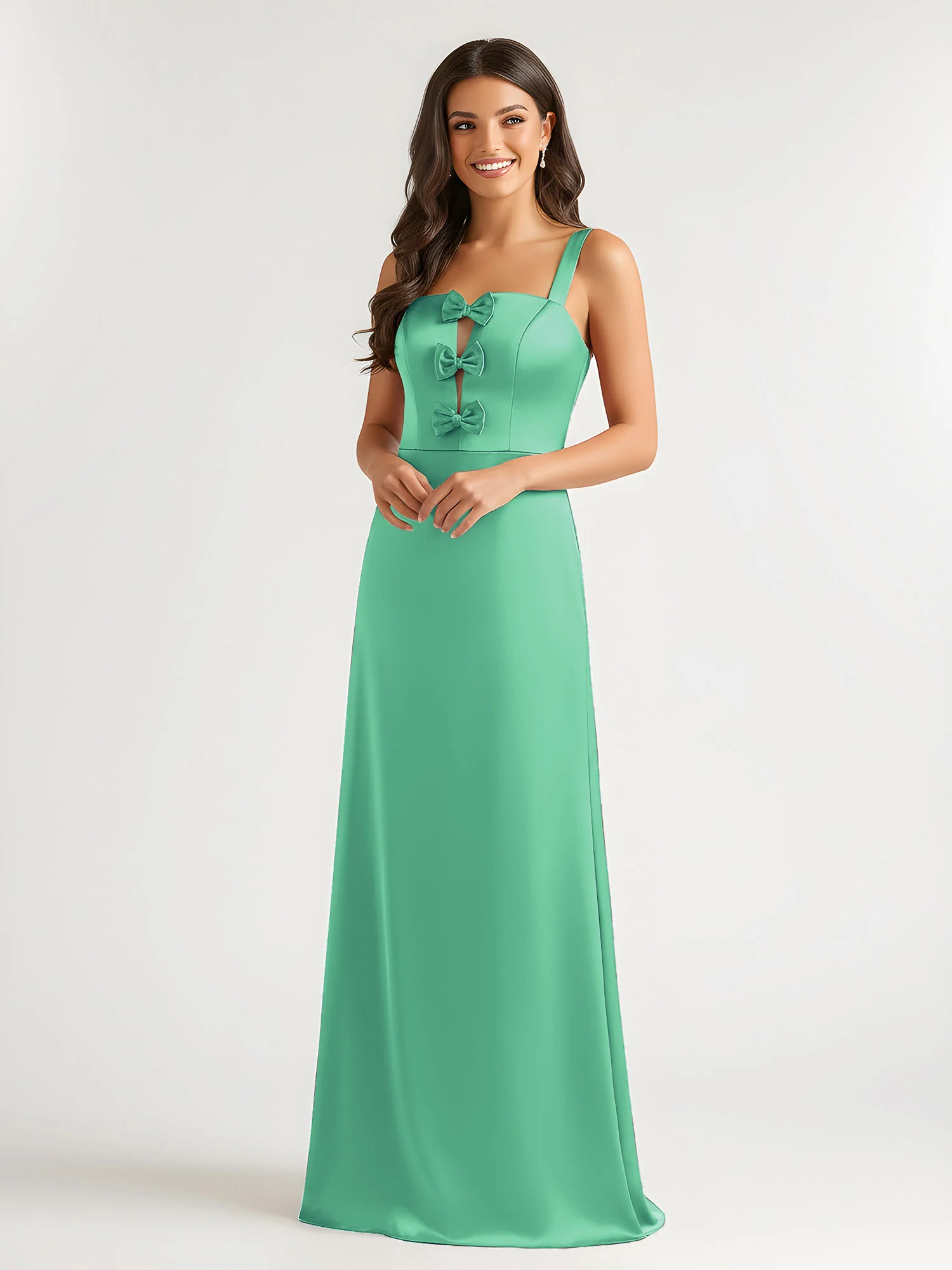 Square Neck Floor Length Open Back Bow Dresses Turquoise - Image 3