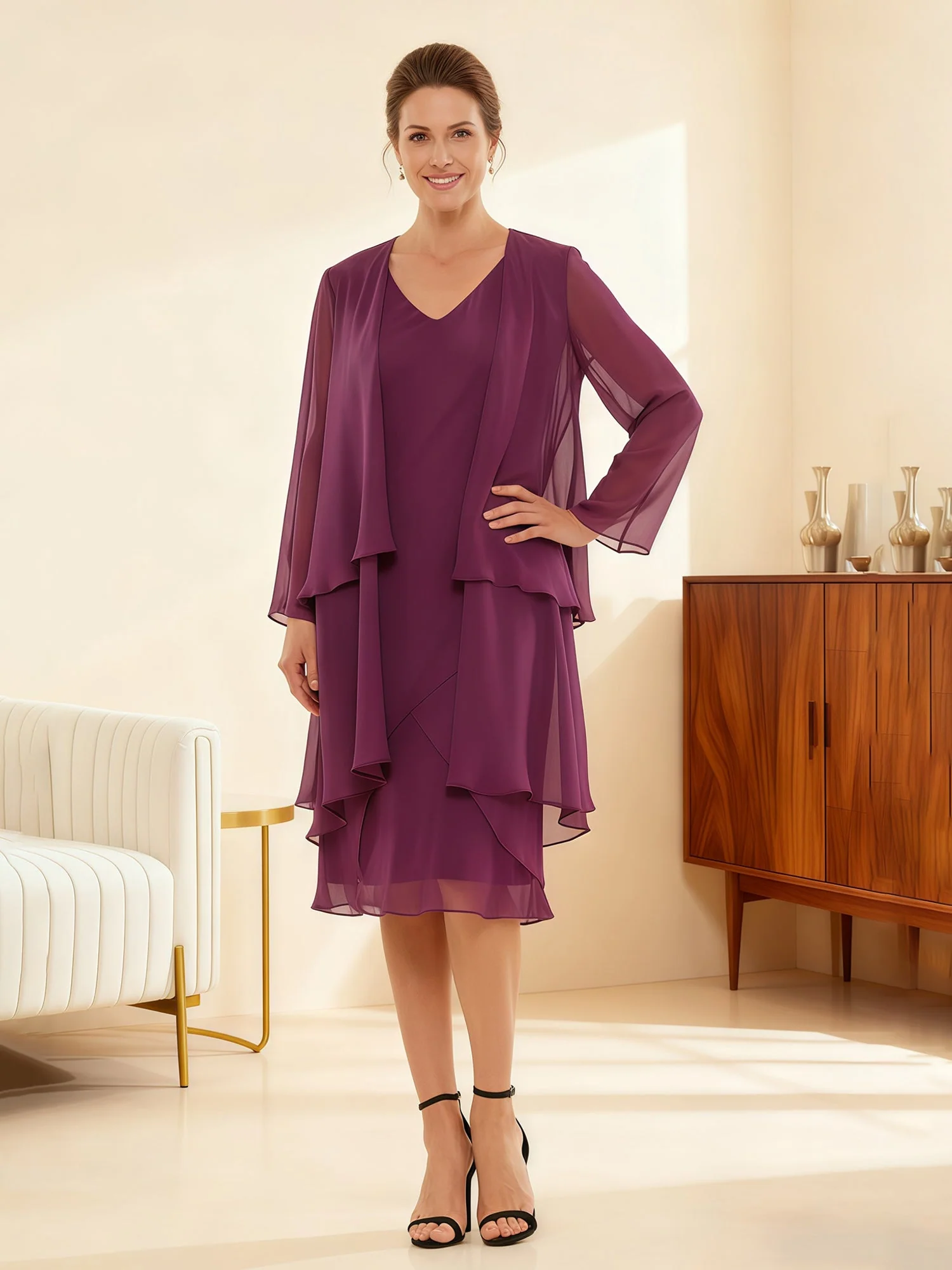 Two-Piece Sheer Sleeve Occasion Ensemble Cinnamon Rose