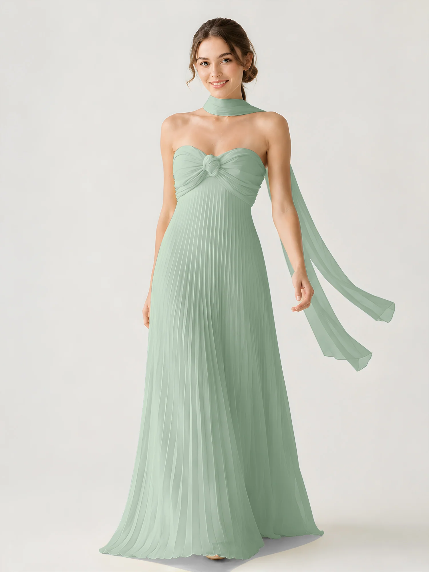 Pleated Chiffon Strapless Maxi Dress with Neck Scarf Agave