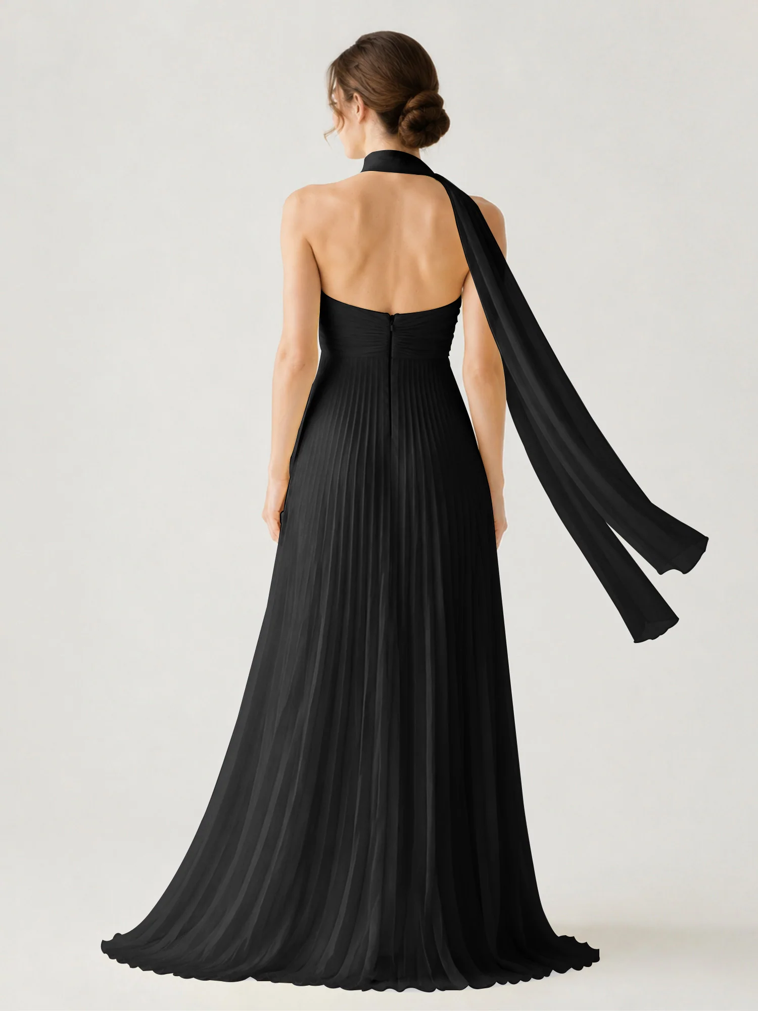 Pleated Chiffon Strapless Maxi Dress with Neck Scarf Black - Image 2