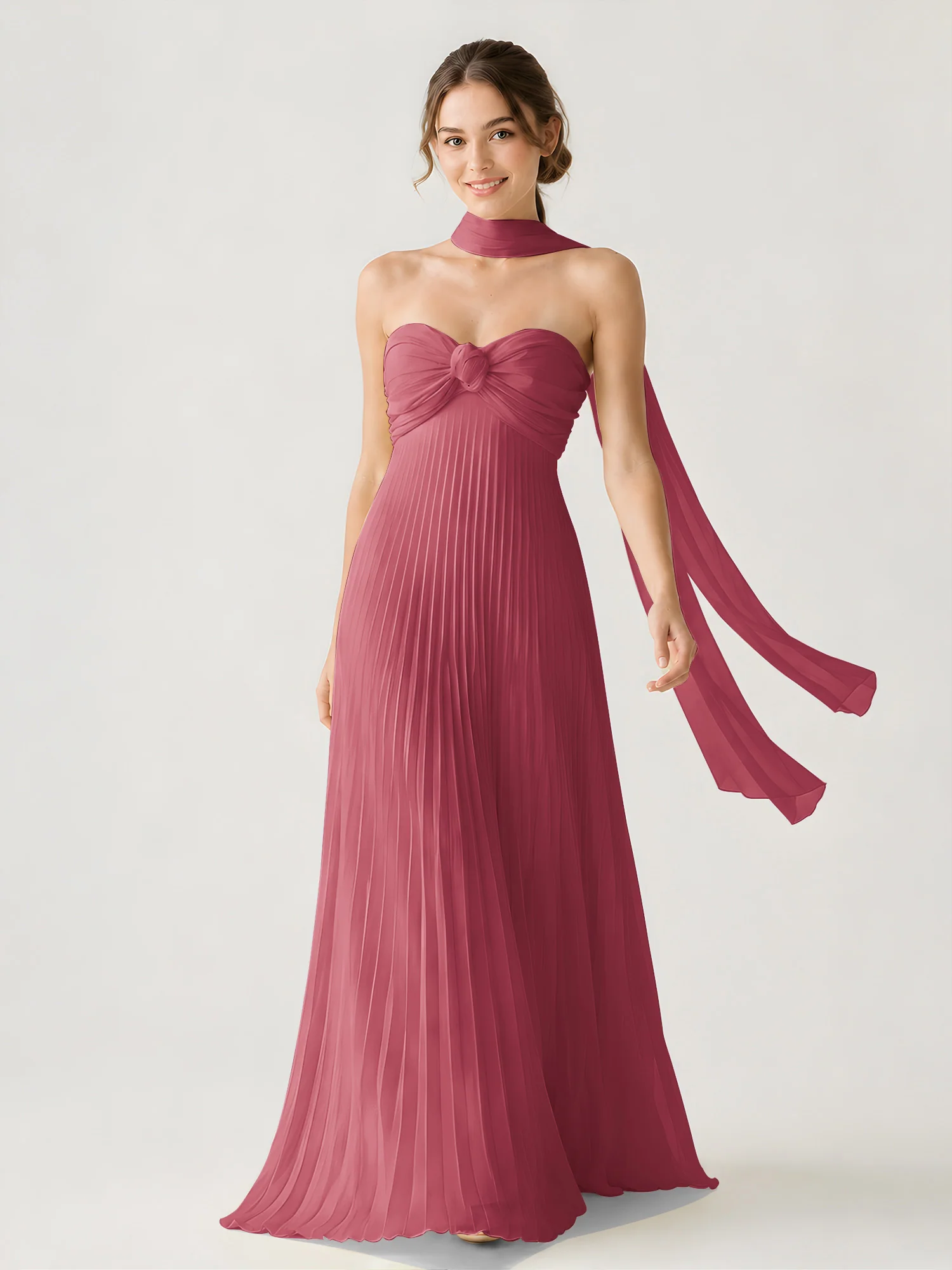 Pleated Chiffon Strapless Maxi Dress with Neck Scarf Cinnamon Rose