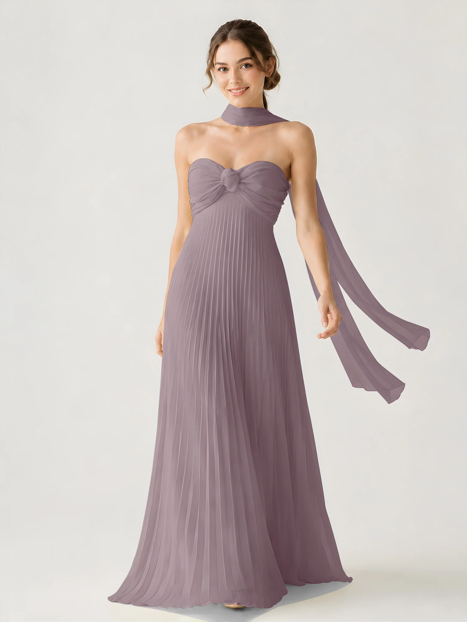 Pleated Chiffon Strapless Maxi Dress with Neck Scarf Dusk