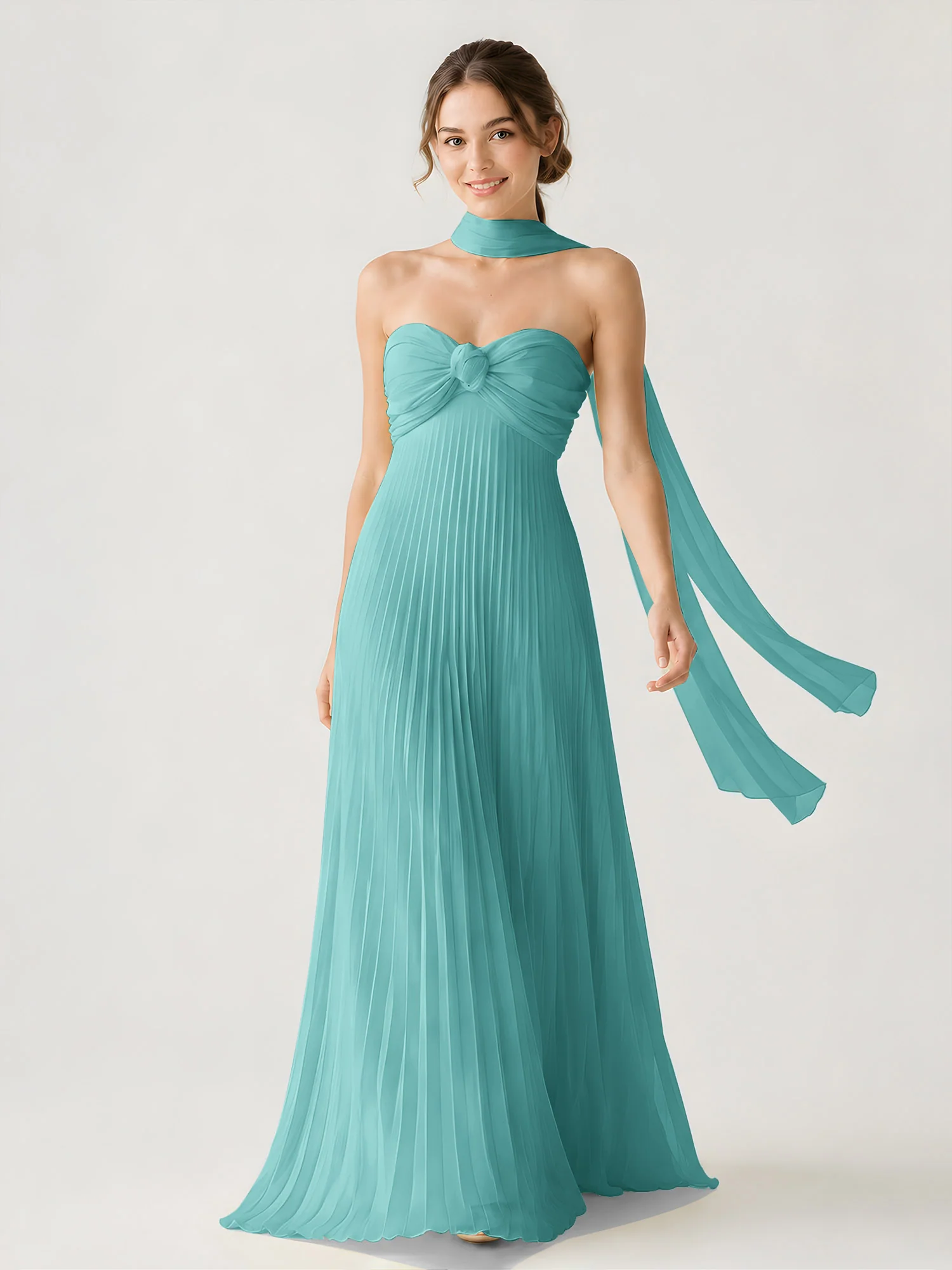 Pleated Chiffon Strapless Maxi Dress with Neck Scarf Jade