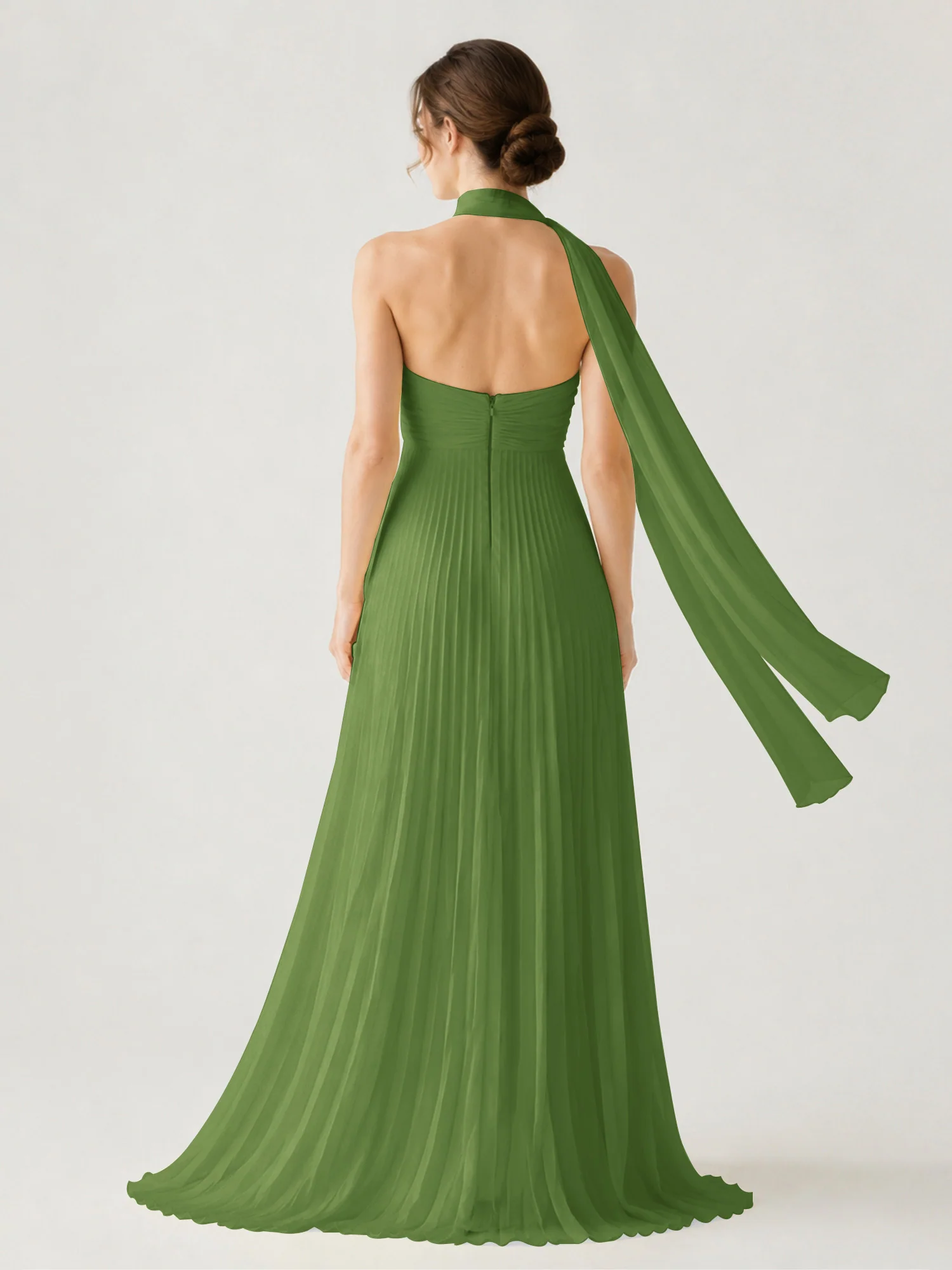 Pleated Chiffon Strapless Maxi Dress with Neck Scarf Moss - Image 2