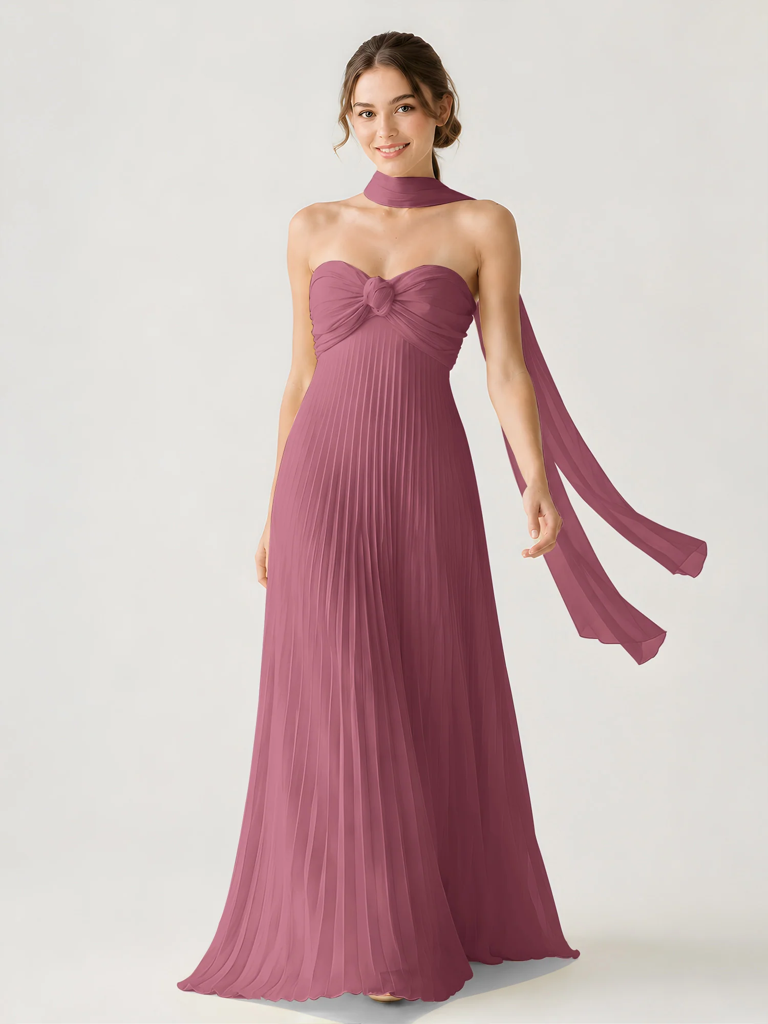 Pleated Chiffon Strapless Maxi Dress with Neck Scarf Mulberry