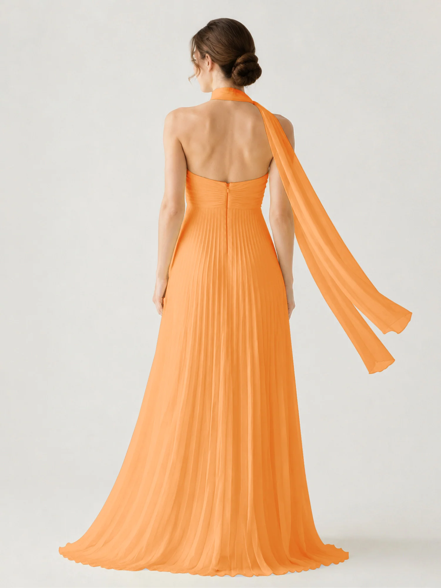 Pleated Chiffon Strapless Maxi Dress with Neck Scarf Orange - Image 2