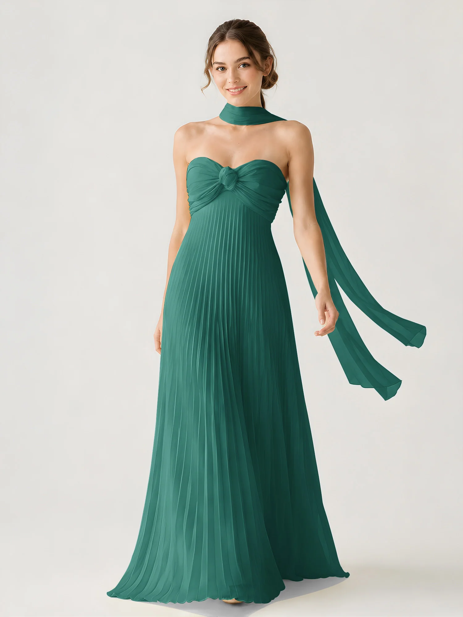 Pleated Chiffon Strapless Maxi Dress with Neck Scarf Peacock