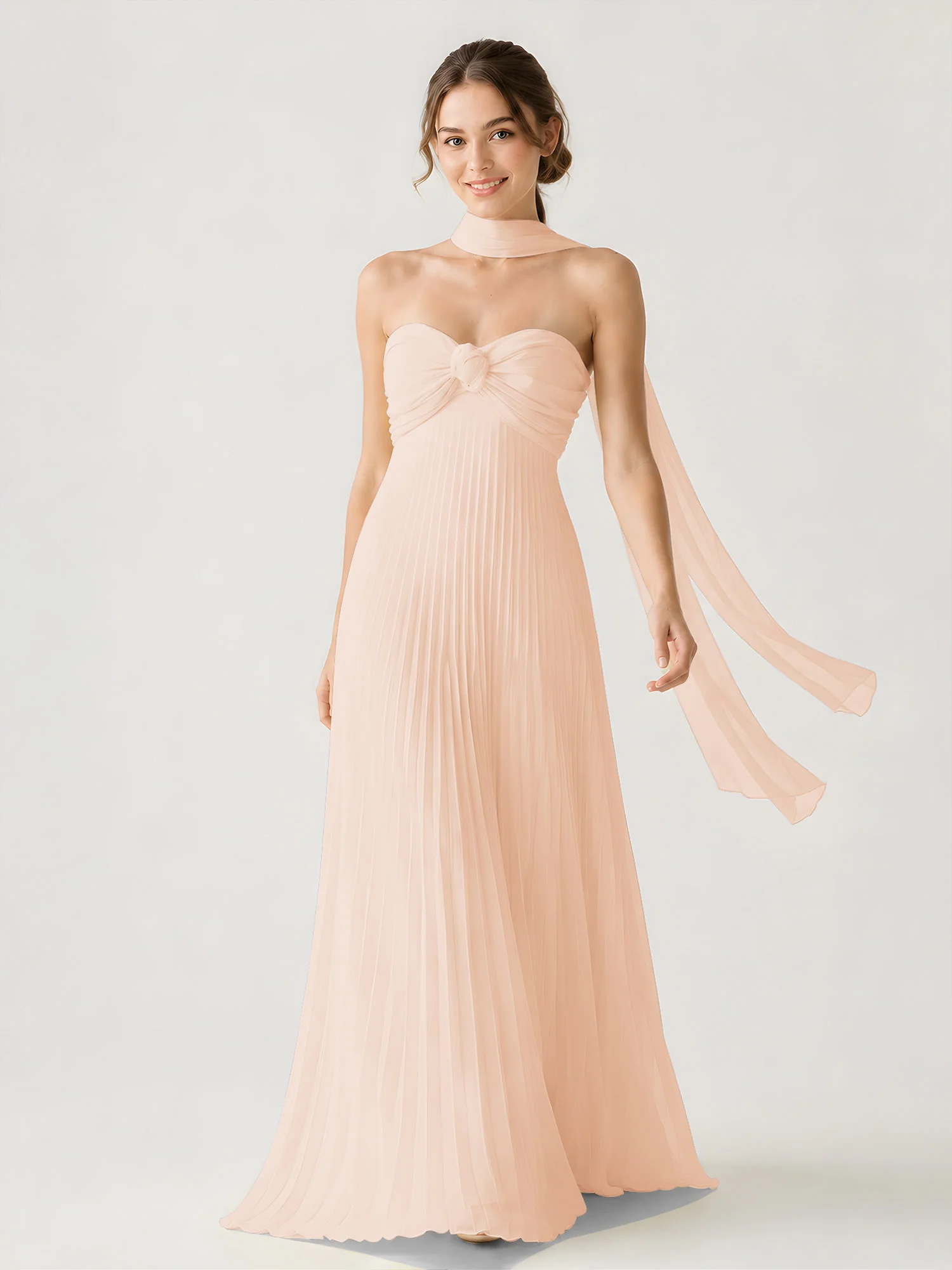 Pleated Chiffon Strapless Maxi Dress with Neck Scarf Pearl Pink