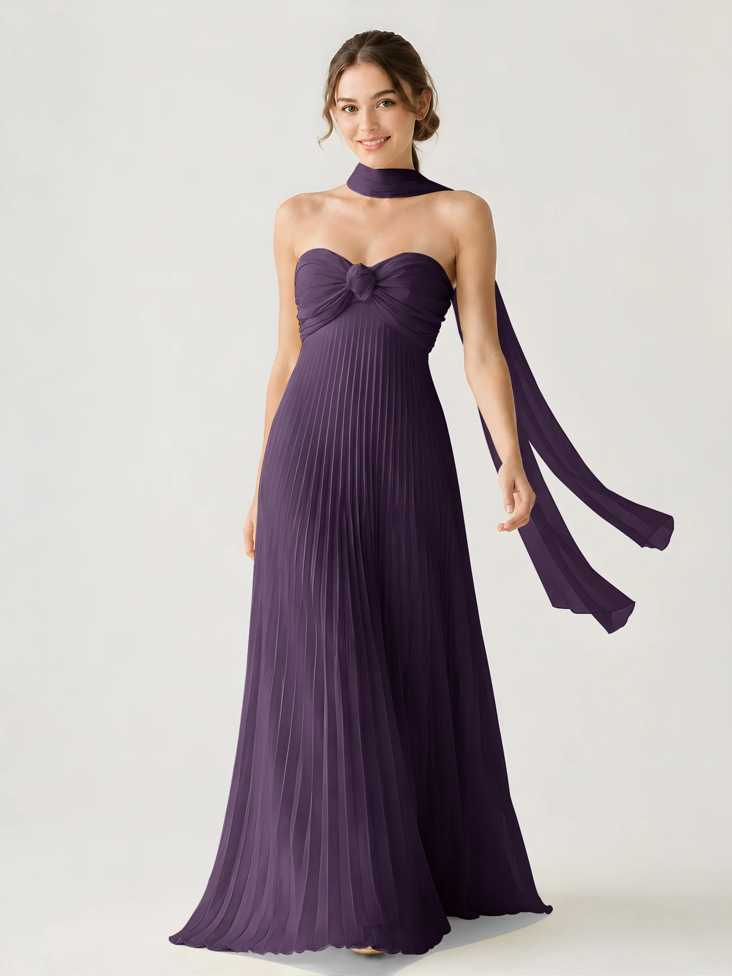 Pleated Chiffon Strapless Maxi Dress with Neck Scarf Plum