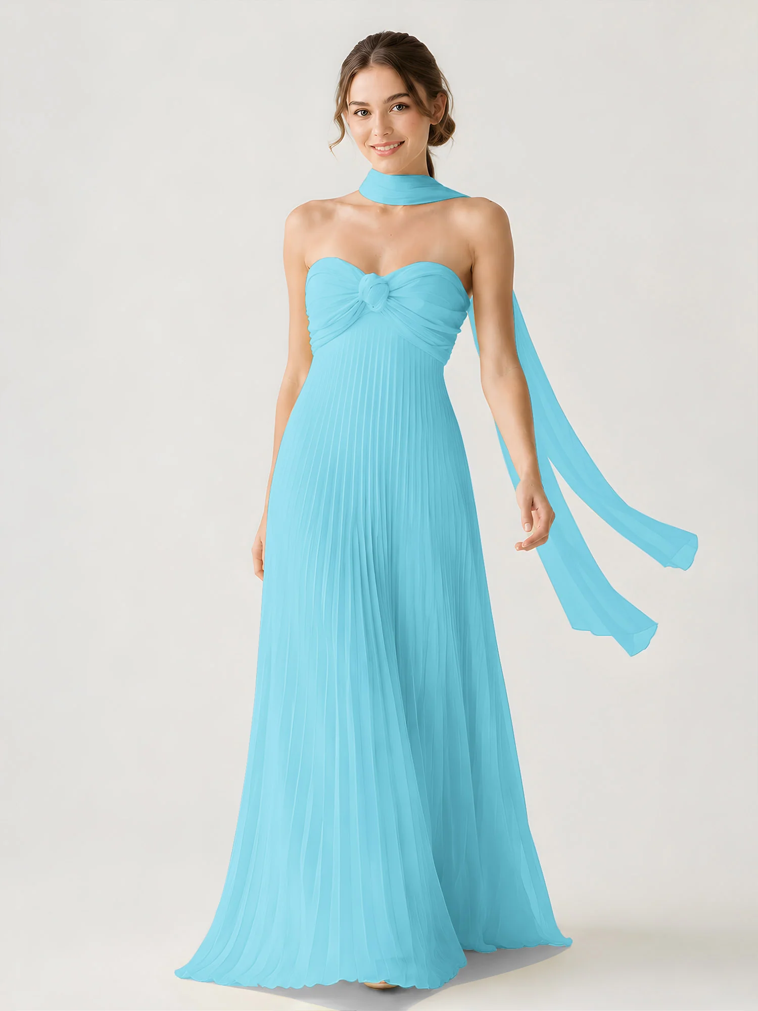Pleated Chiffon Strapless Maxi Dress with Neck Scarf Pool