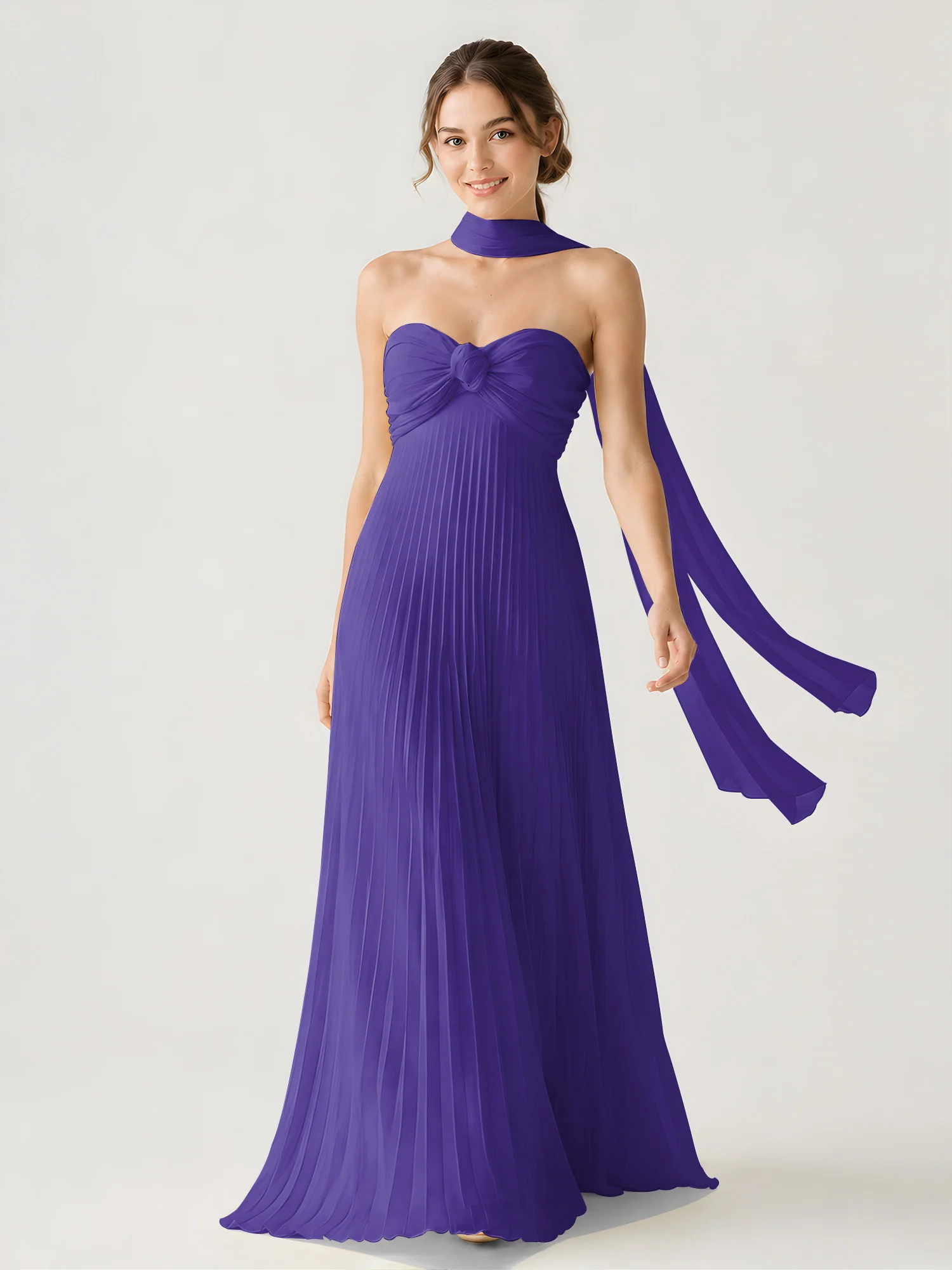 Pleated Chiffon Strapless Maxi Dress with Neck Scarf Regency