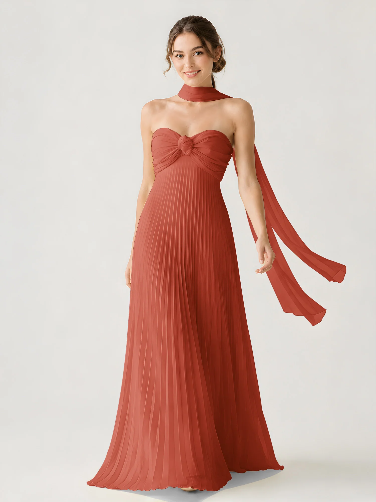 Pleated Chiffon Strapless Maxi Dress with Neck Scarf Rust