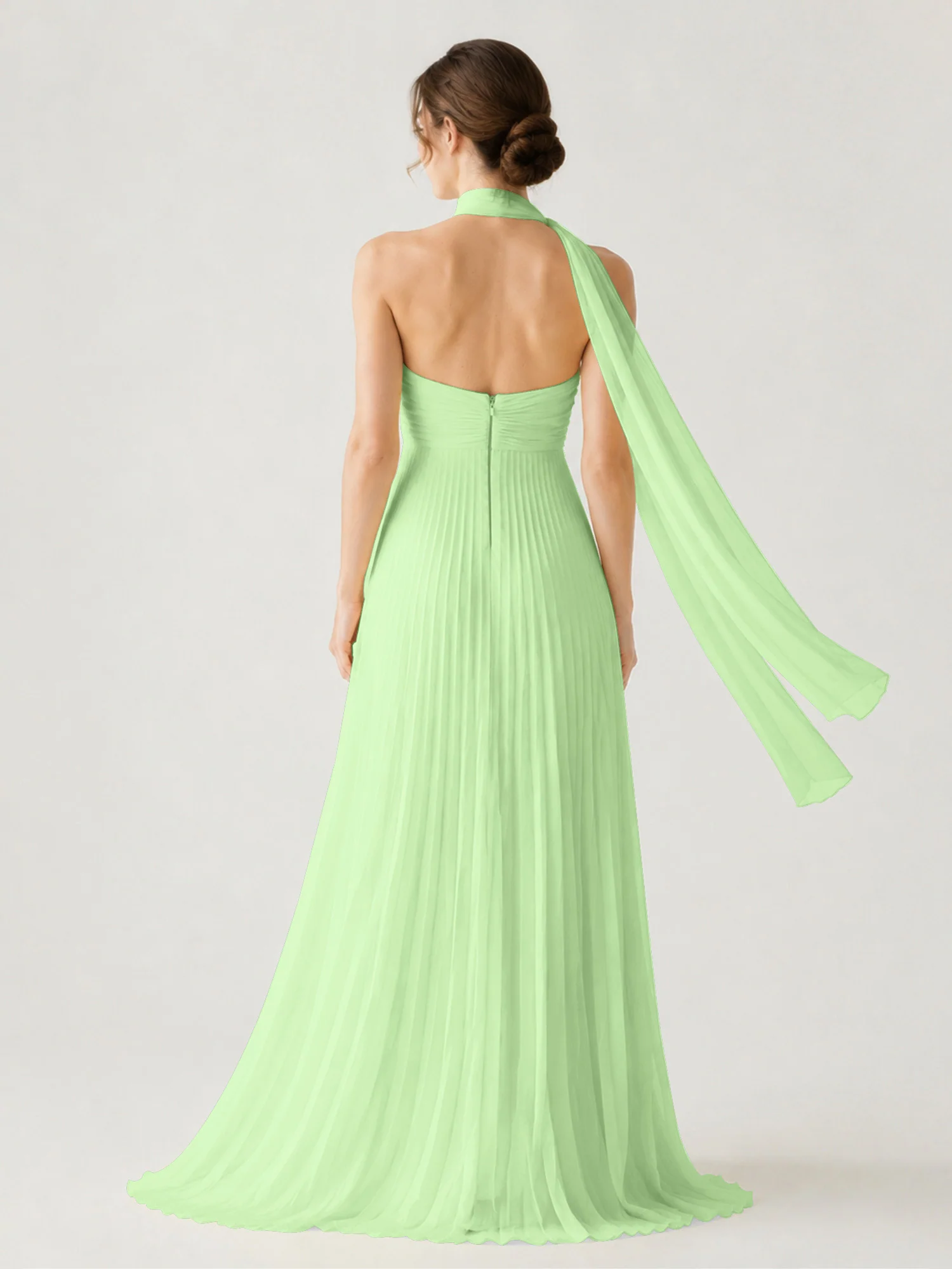 Pleated Chiffon Strapless Maxi Dress with Neck Scarf Sage - Image 2