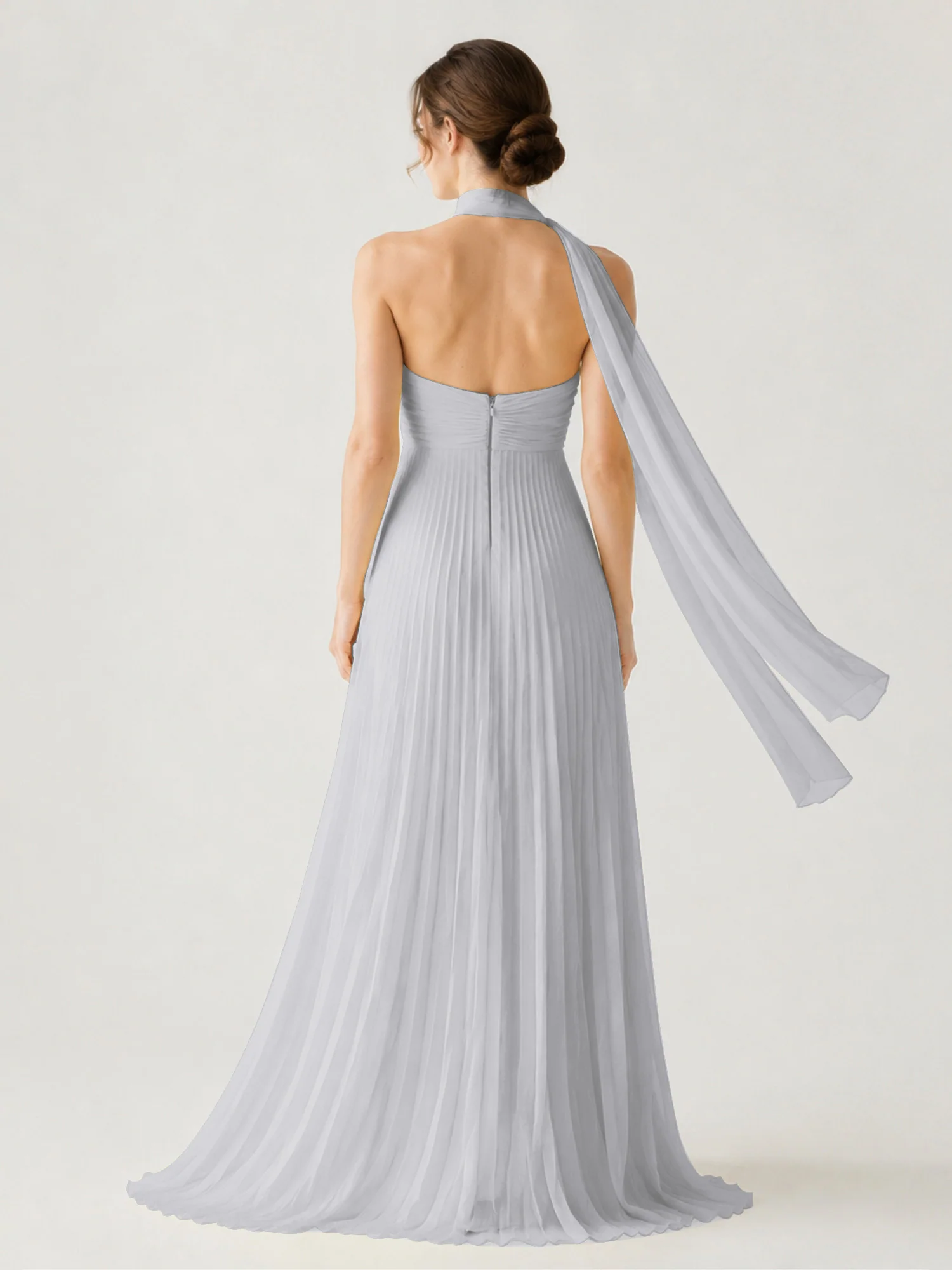 Pleated Chiffon Strapless Maxi Dress with Neck Scarf Silver - Image 2