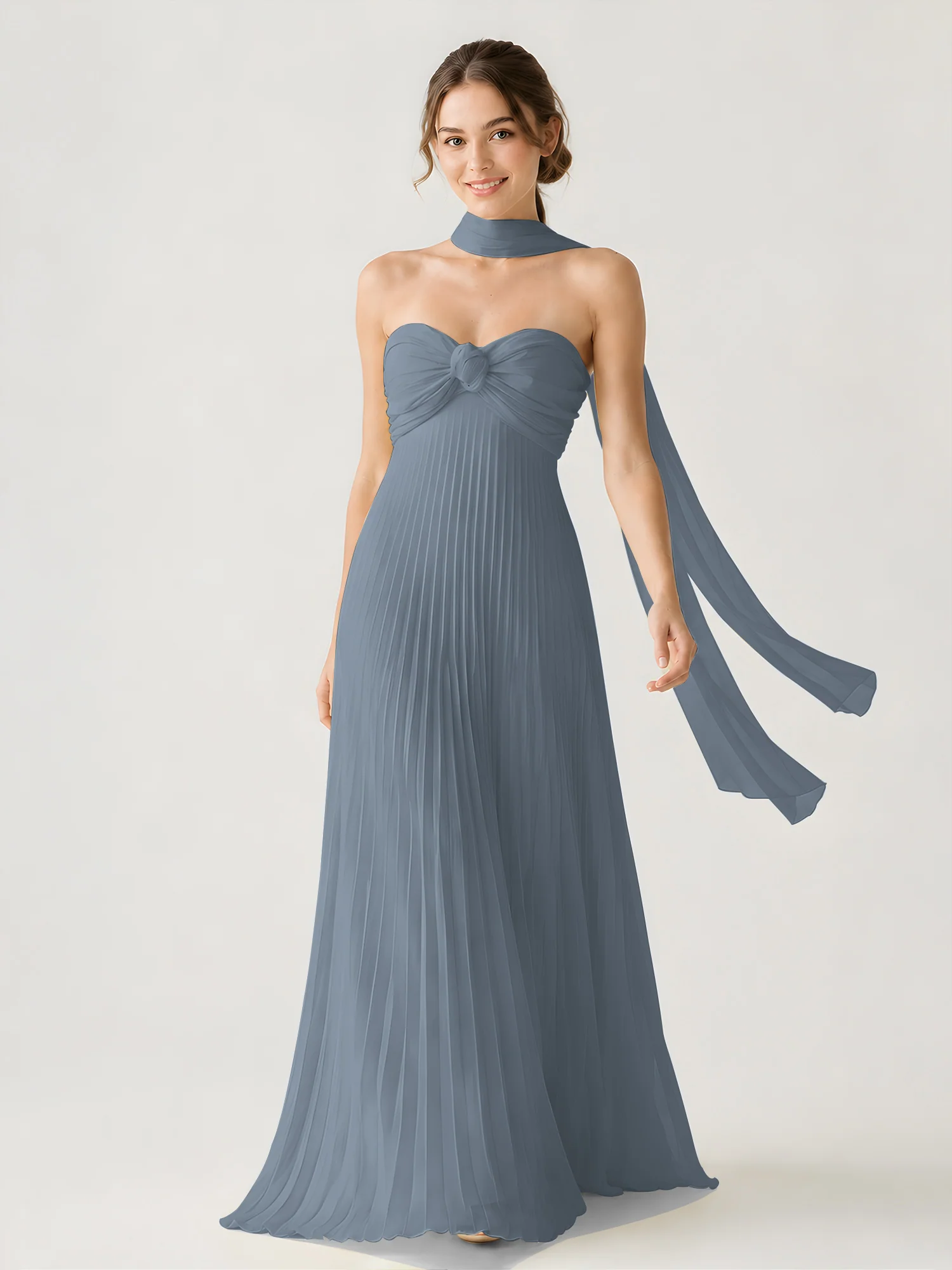 Pleated Chiffon Strapless Maxi Dress with Neck Scarf Slate Blue