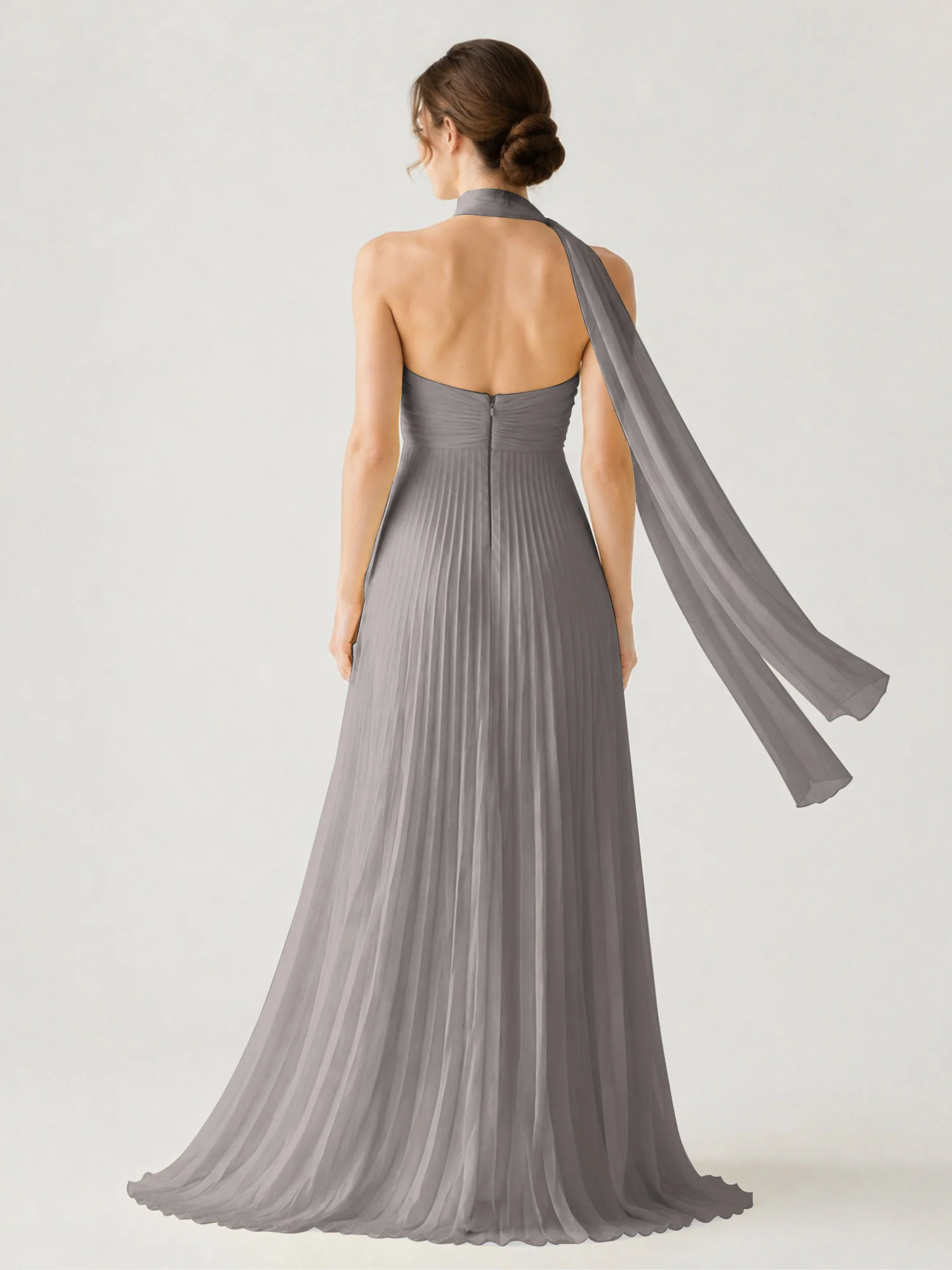 Pleated Chiffon Strapless Maxi Dress with Neck Scarf Steel Grey - Image 2