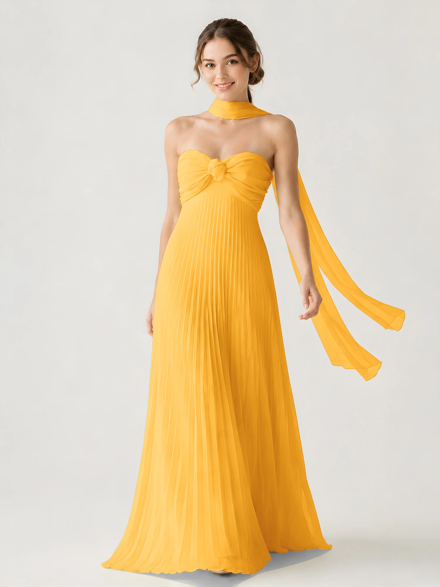 Pleated Chiffon Strapless Maxi Dress with Neck Scarf Tangerine