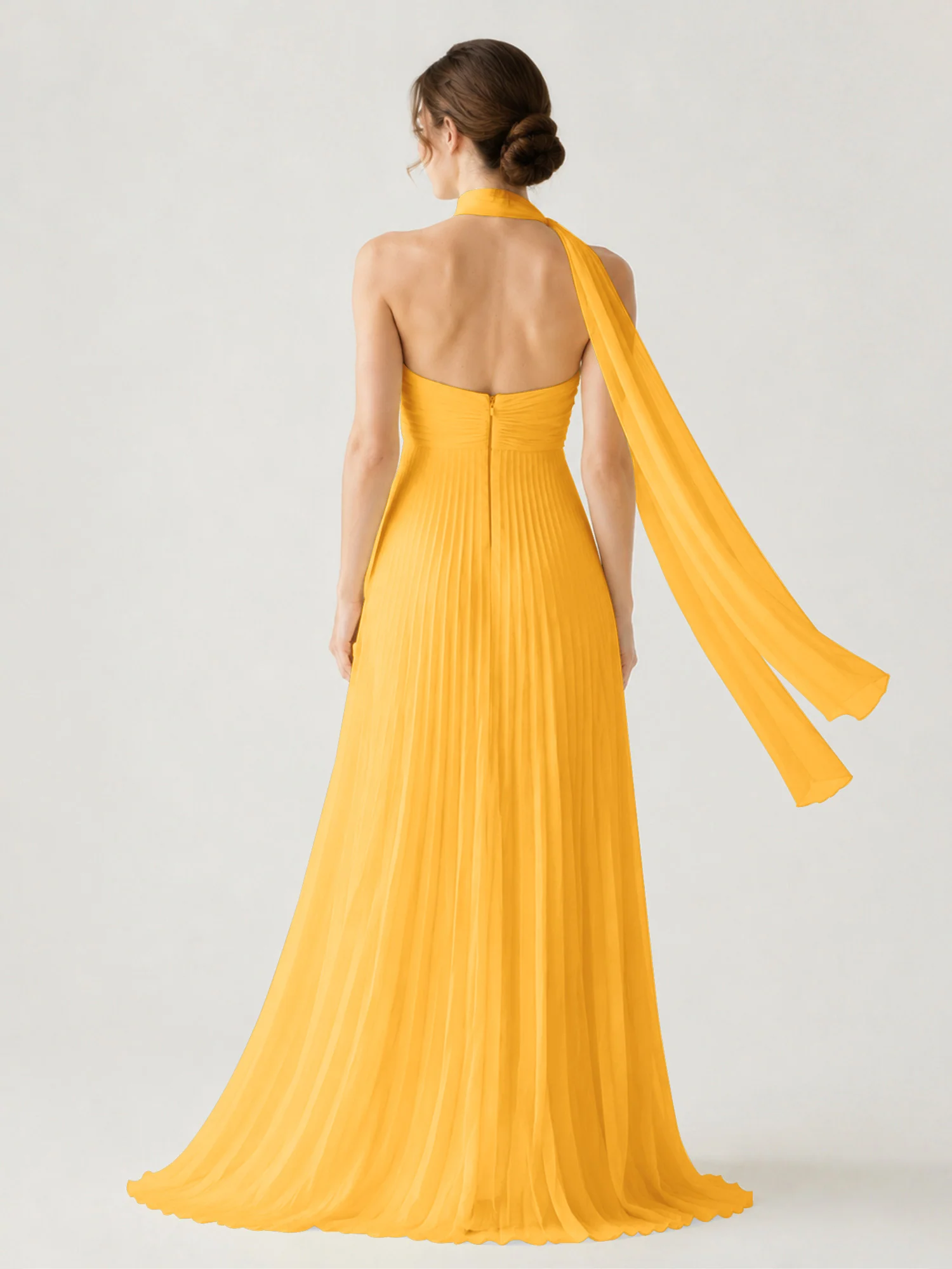 Pleated Chiffon Strapless Maxi Dress with Neck Scarf Tangerine - Image 2