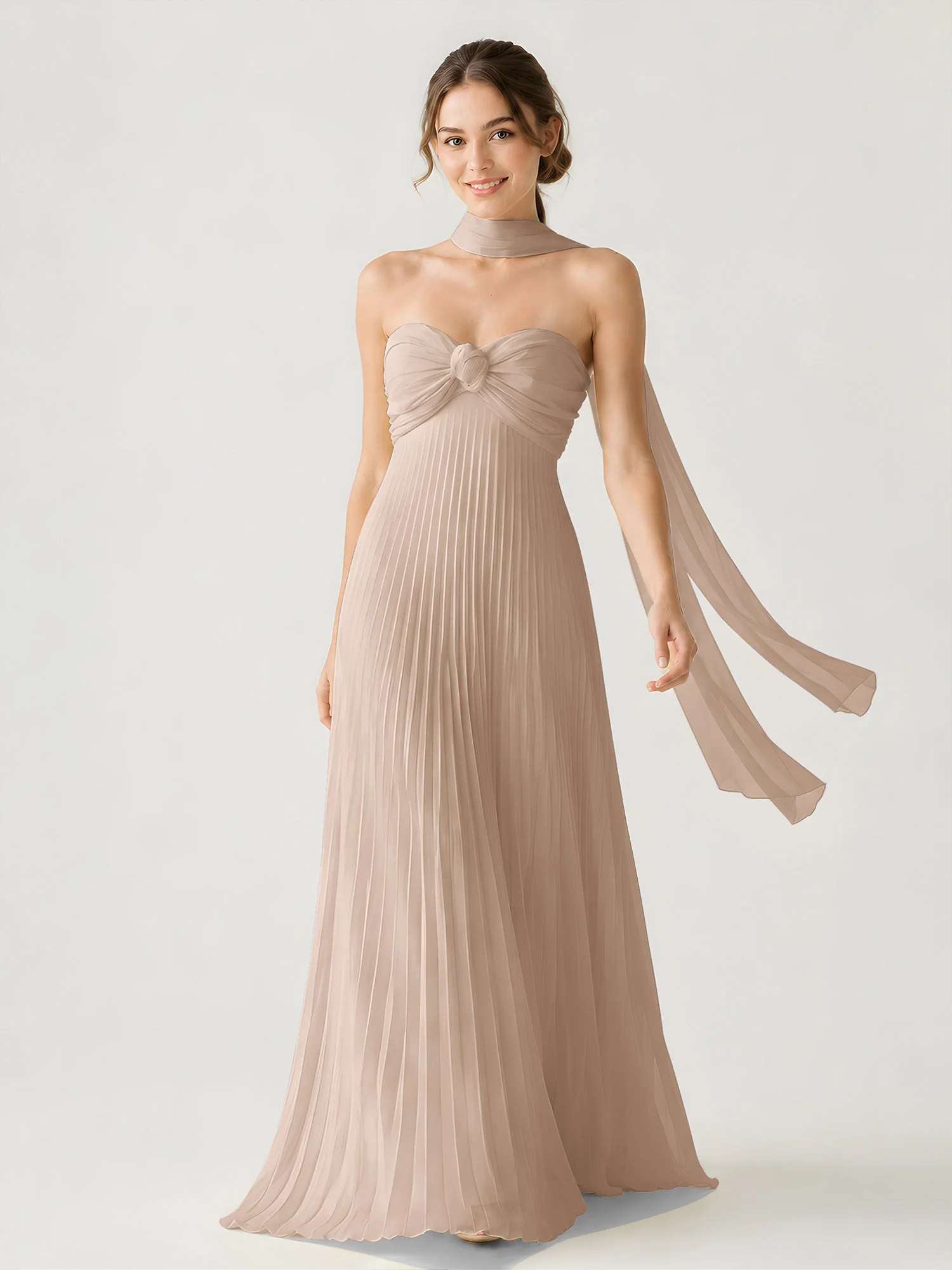 Pleated Chiffon Strapless Maxi Dress with Neck Scarf Taupe