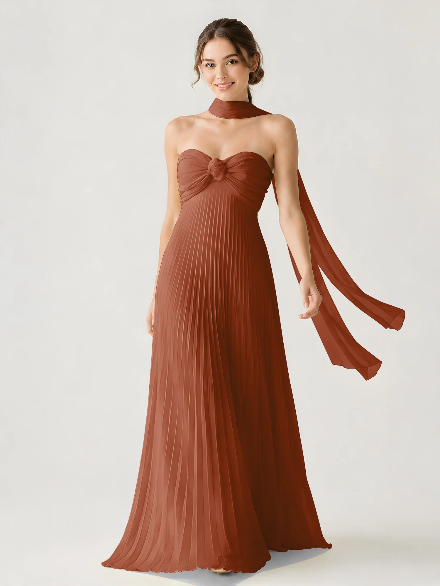 Pleated Chiffon Strapless Maxi Dress with Neck Scarf Terracotta