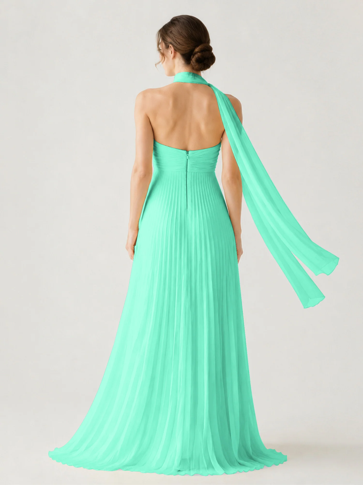 Pleated Chiffon Strapless Maxi Dress with Neck Scarf Turquoise - Image 2
