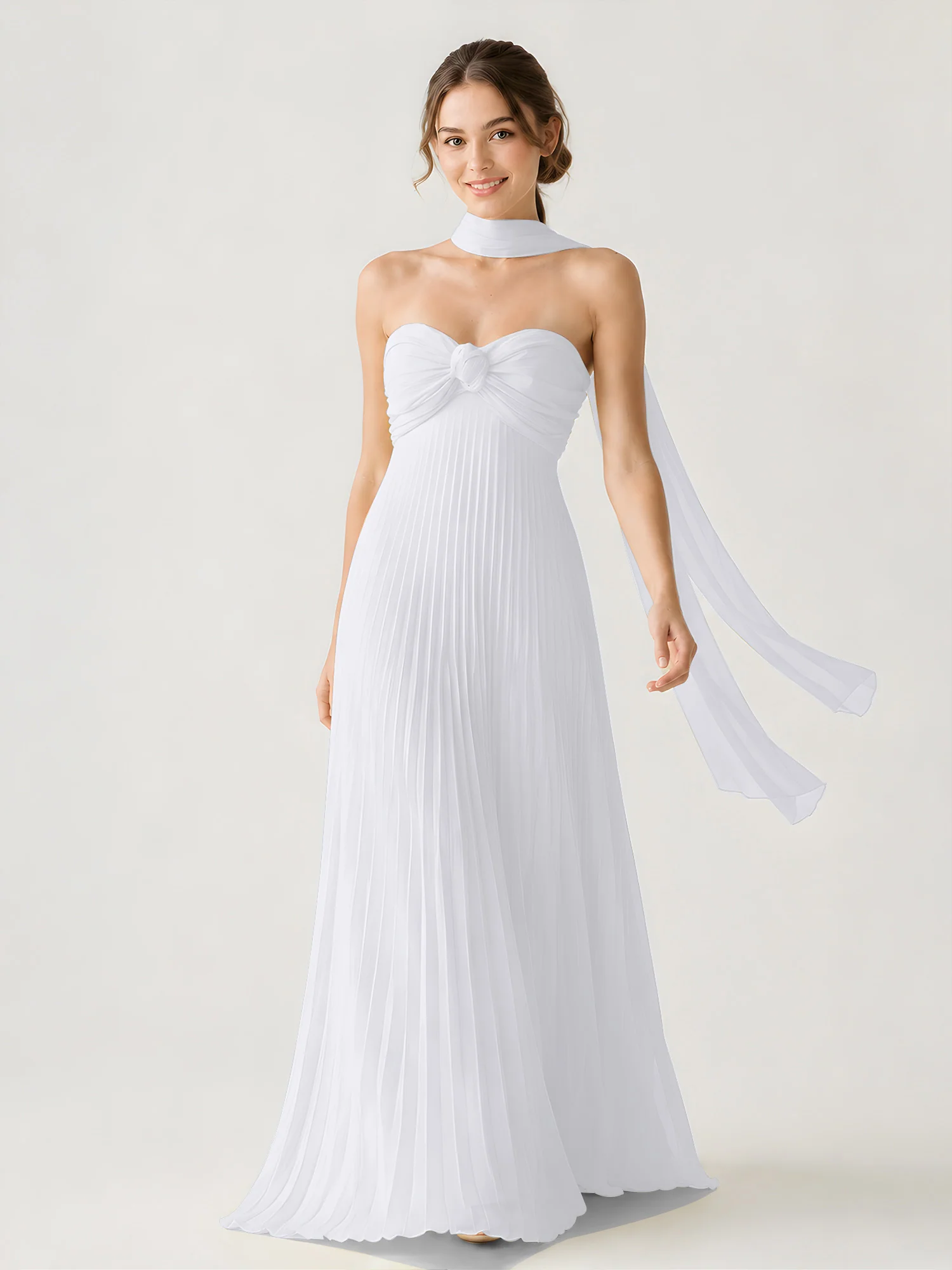 Pleated Chiffon Strapless Maxi Dress with Neck Scarf White