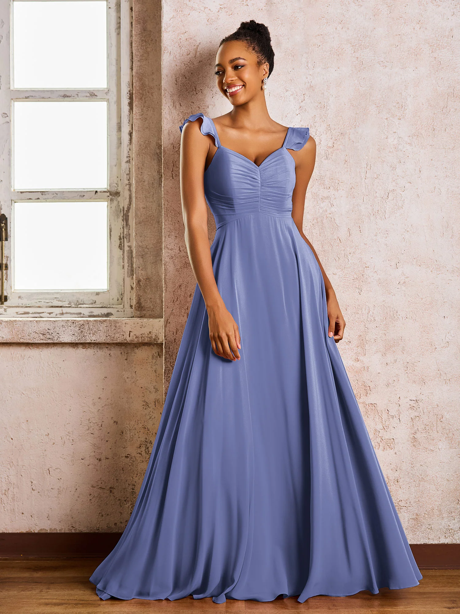 Ruched Straps Sleeveless A-line Chiffon Bridesmaid Dresses Periwinkle