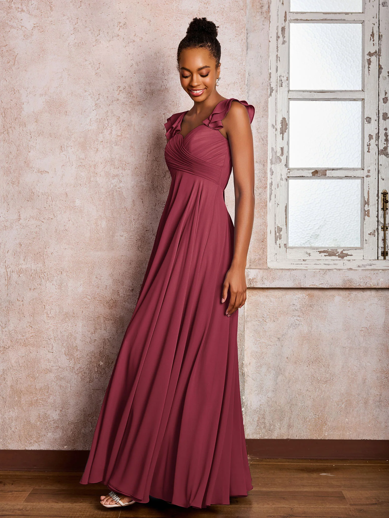 Ruffle Straps Empire Long Chiffon Bridesmaid Dresses Cinnamon Rose - Image 3