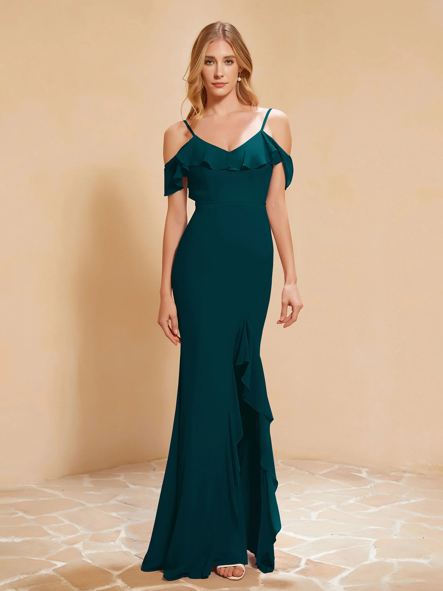 Ruffle V-neck Flutter Sleeves Mermaid Chiffon Dress Pine