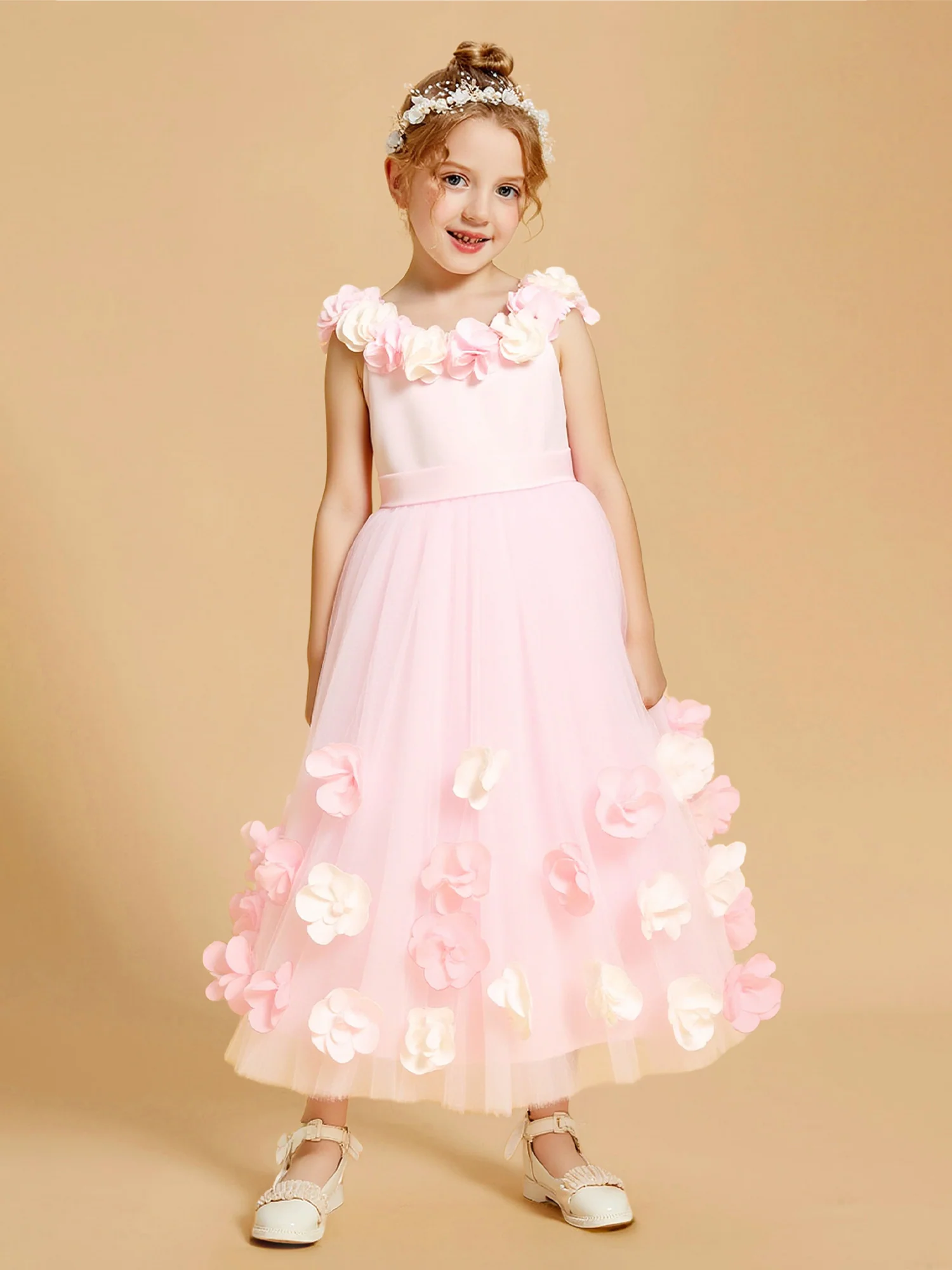 3D Flower Embellished Tulle Long Flower Girl Dress Blushing Pink