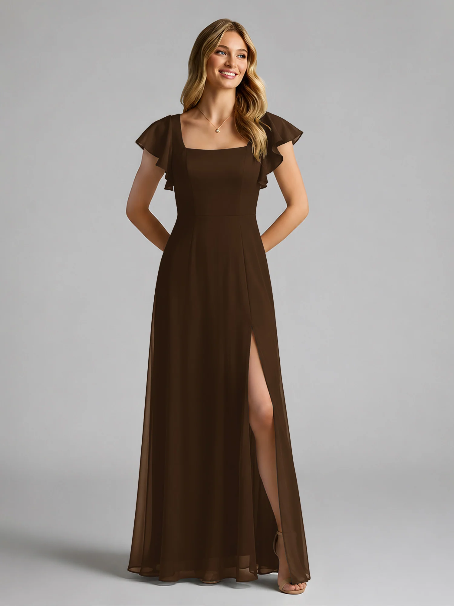 Chiffon Square Neck Flutter Sleeves Dresses With Slit Brown