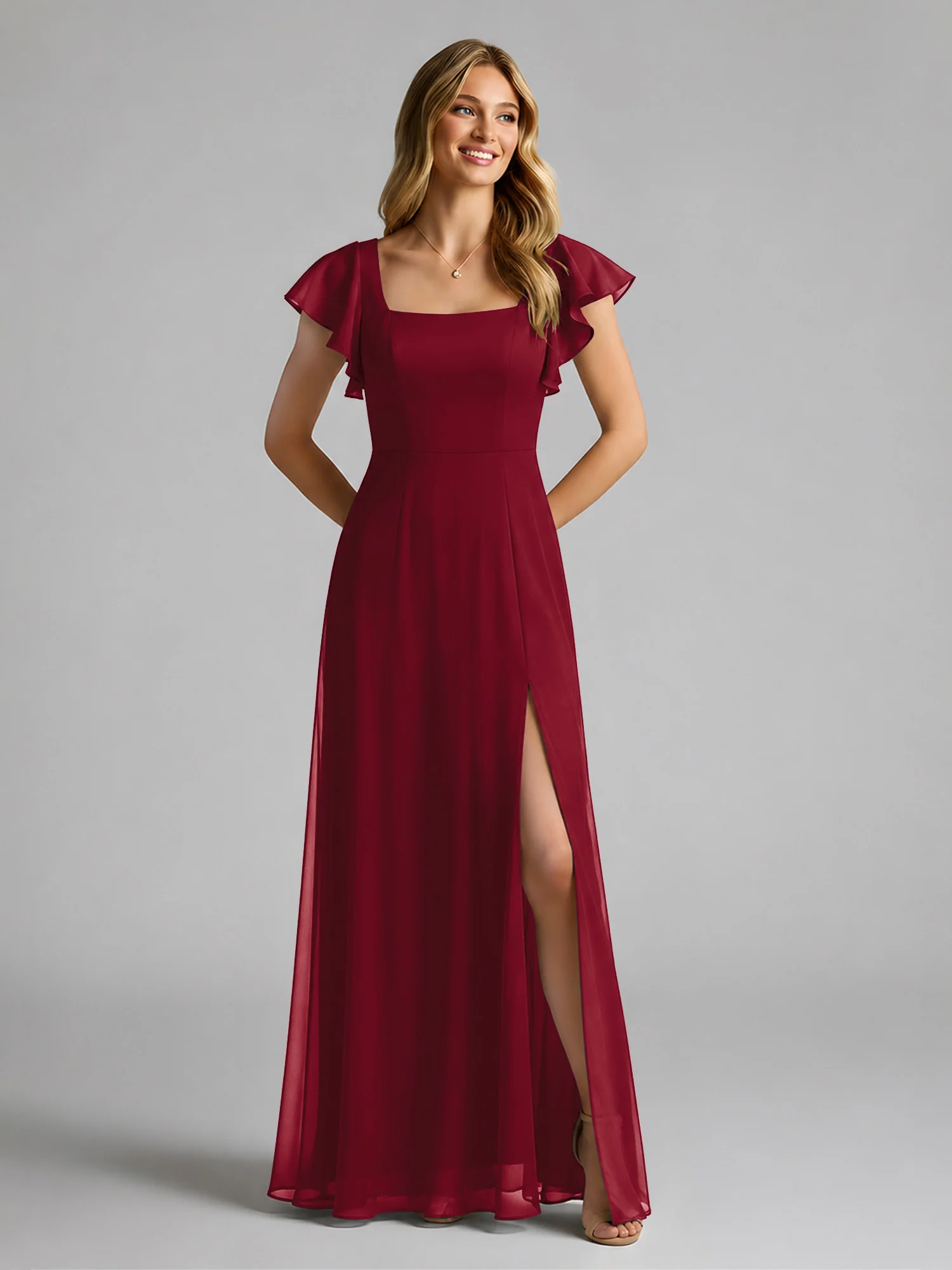 Chiffon Square Neck Flutter Sleeves Dresses With Slit Burgundy